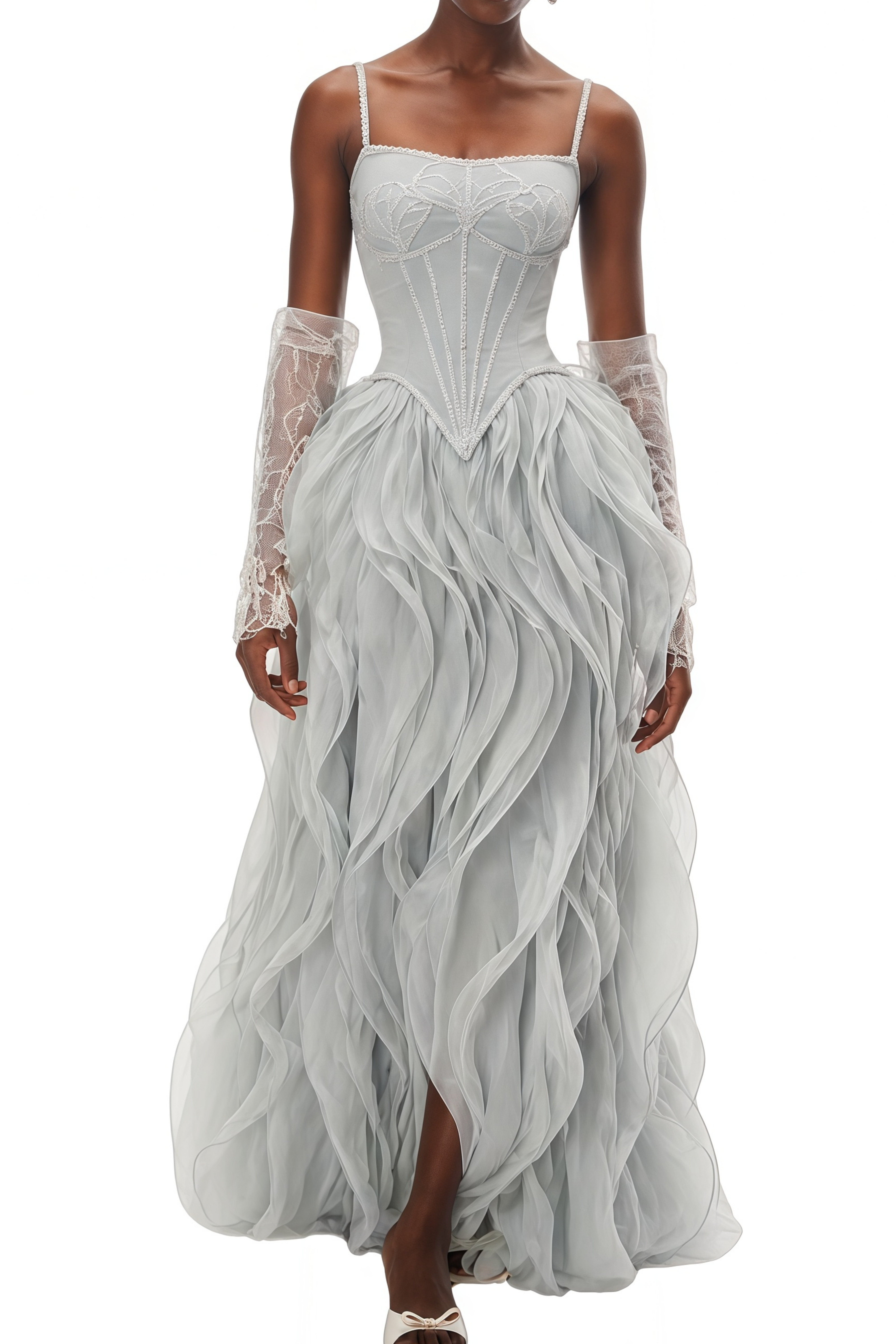 Camille Dusty Blue Ruffled Tulle Maxi Dress