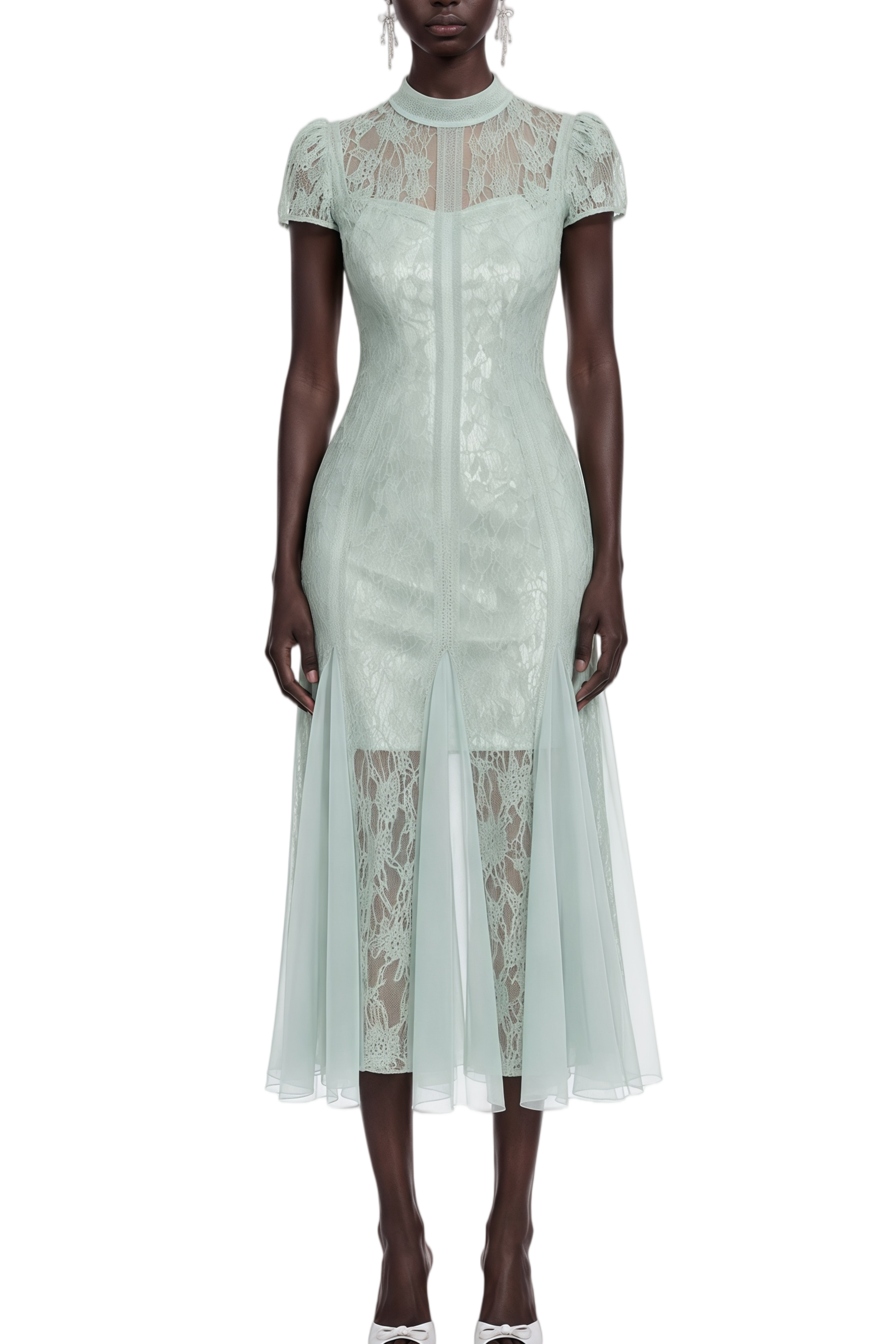 Martha Green Turtleneck Mesh Midi Dress