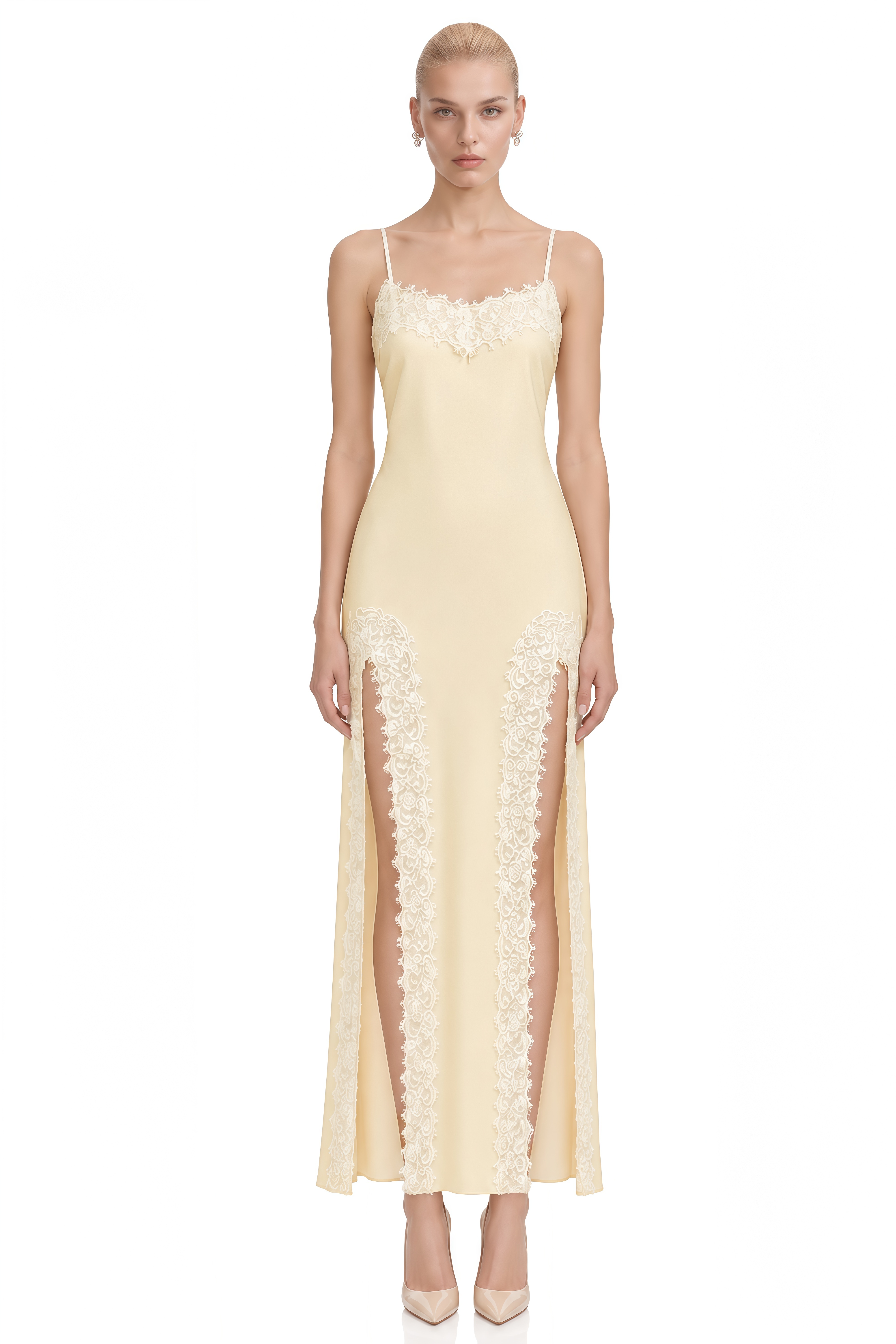 Alexia Cream Neutral Lace Trim Slit Maxi Dress