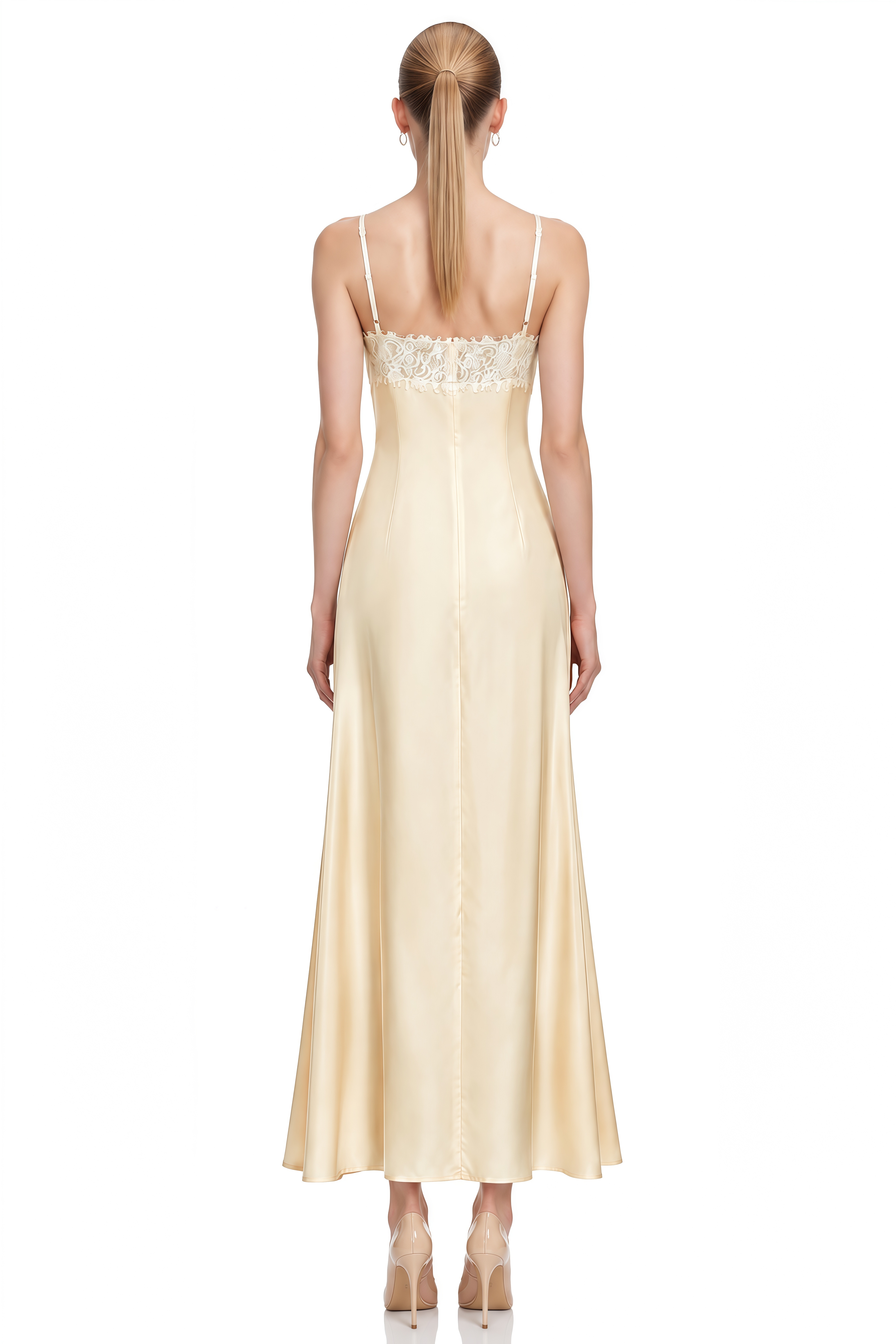 Alexia Cream Neutral Lace Trim Slit Maxi Dress