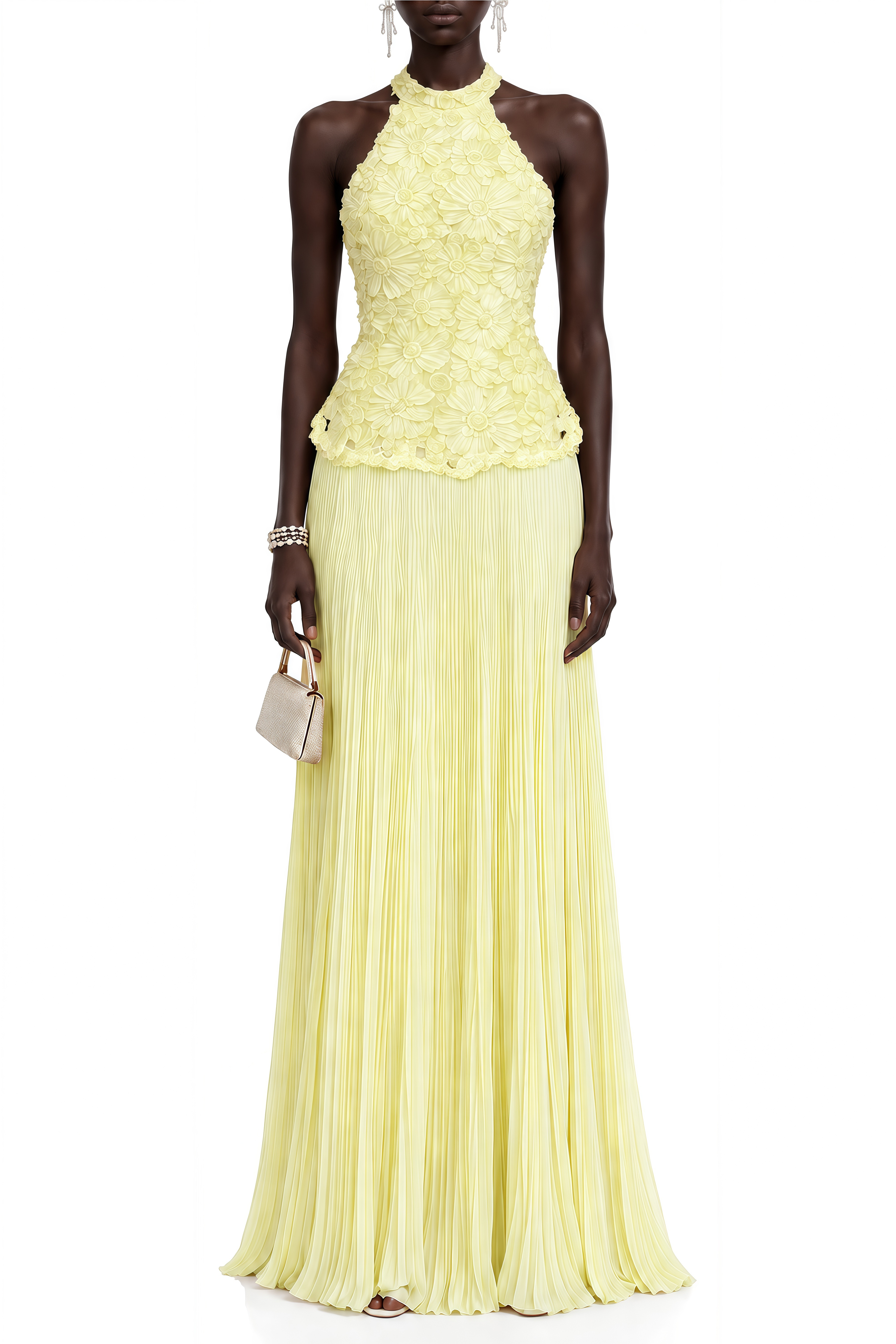 Amelia Yellow 3D Floral Sleeveless Maxi Dress