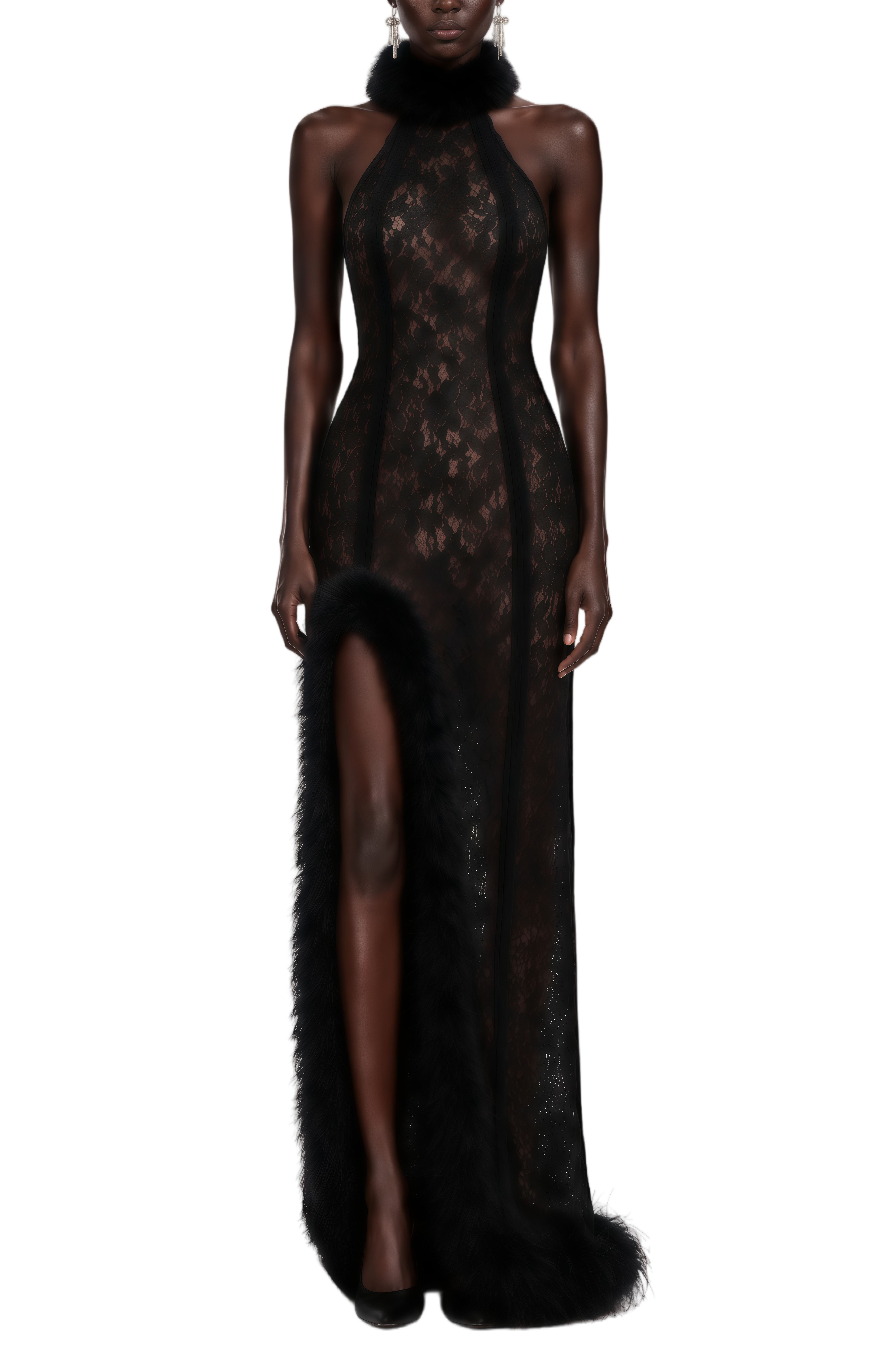 Anastasia Black Halterneck Floral Lace Maxi Dress