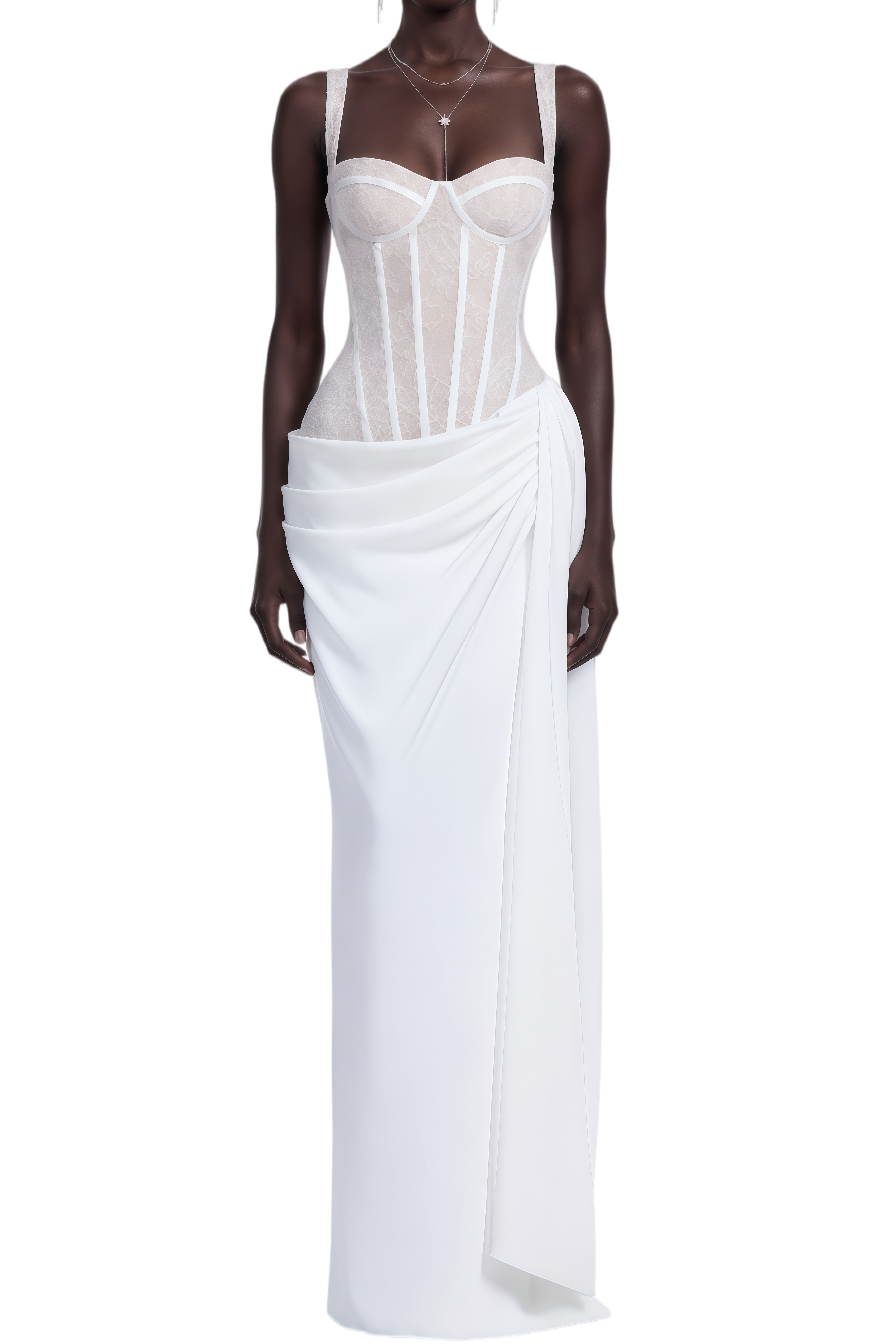 Athena White Lace Panel Draped Maxi Dress