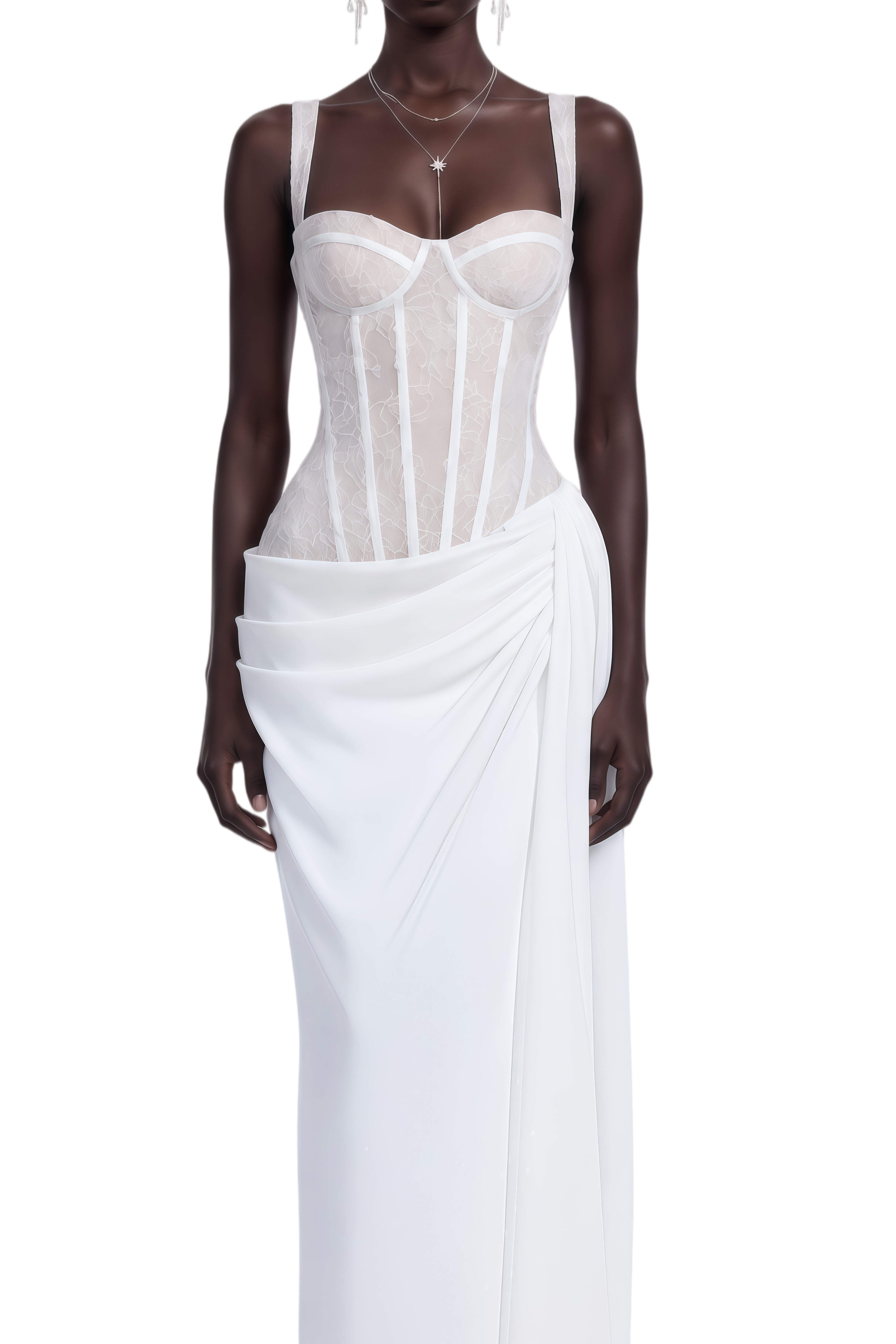 Athena White Lace Panel Draped Maxi Dress