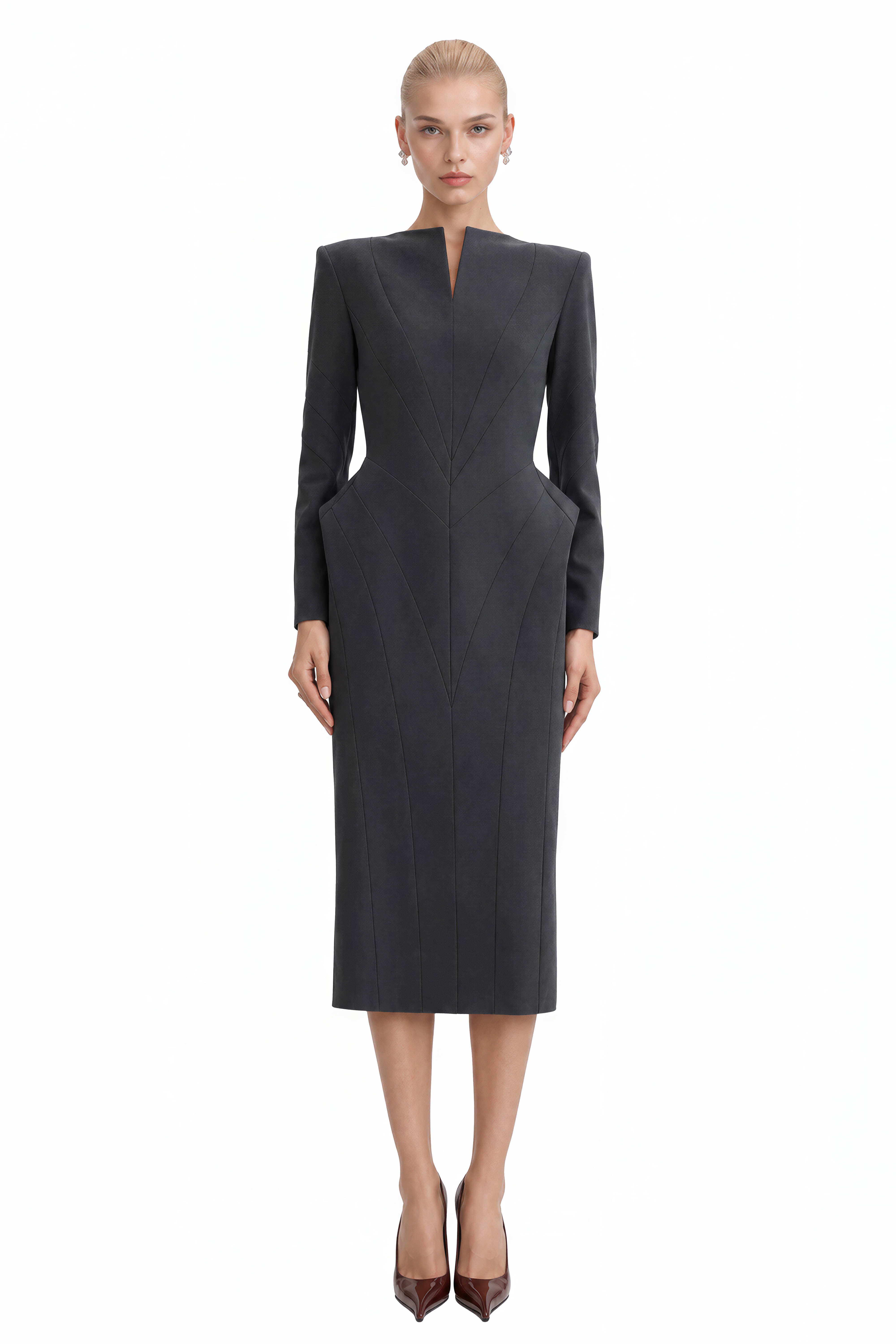 Audrey Grey Long Sleeves Slit Midi Dress