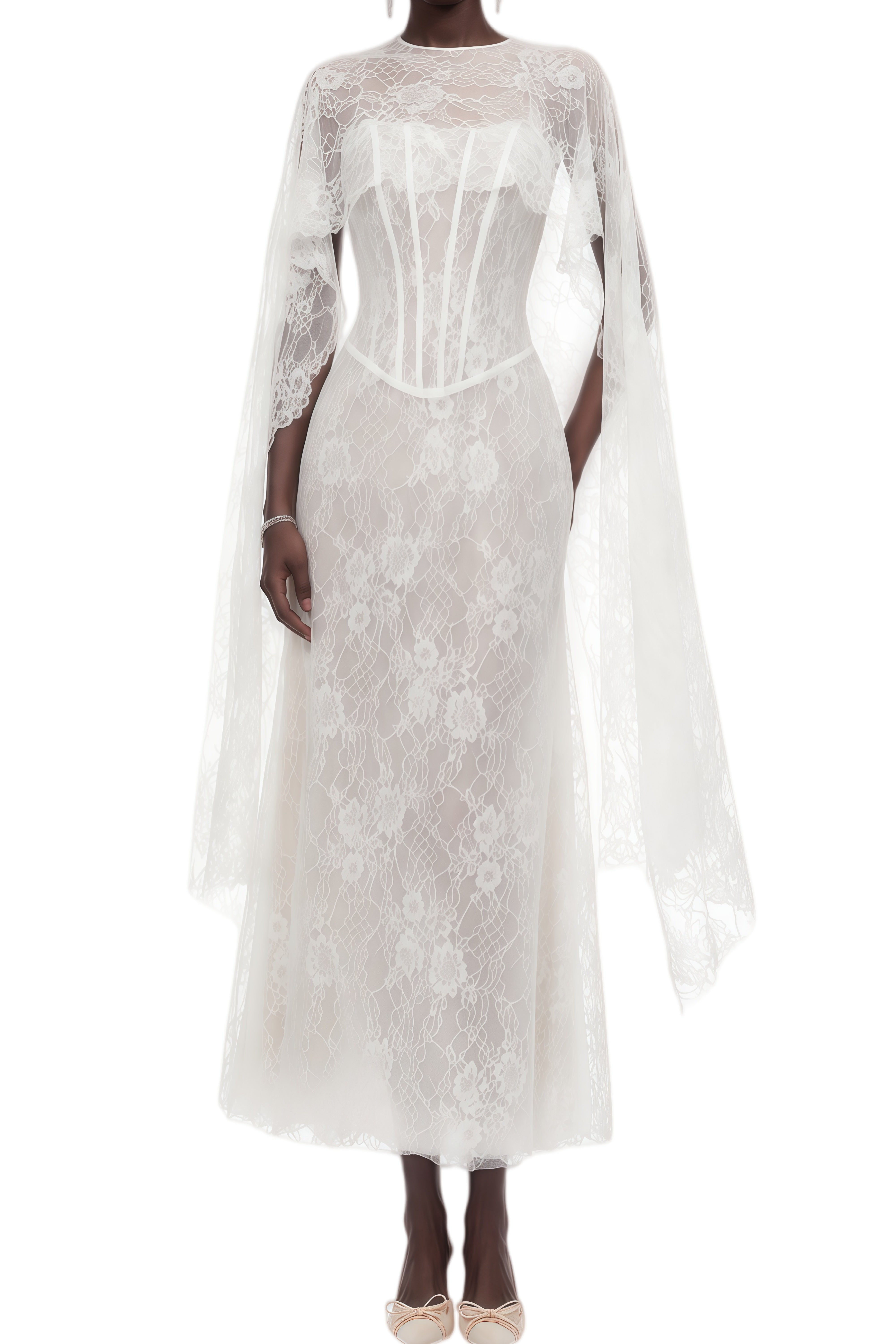 Audrey White Lace Cape Design Maxi Dress