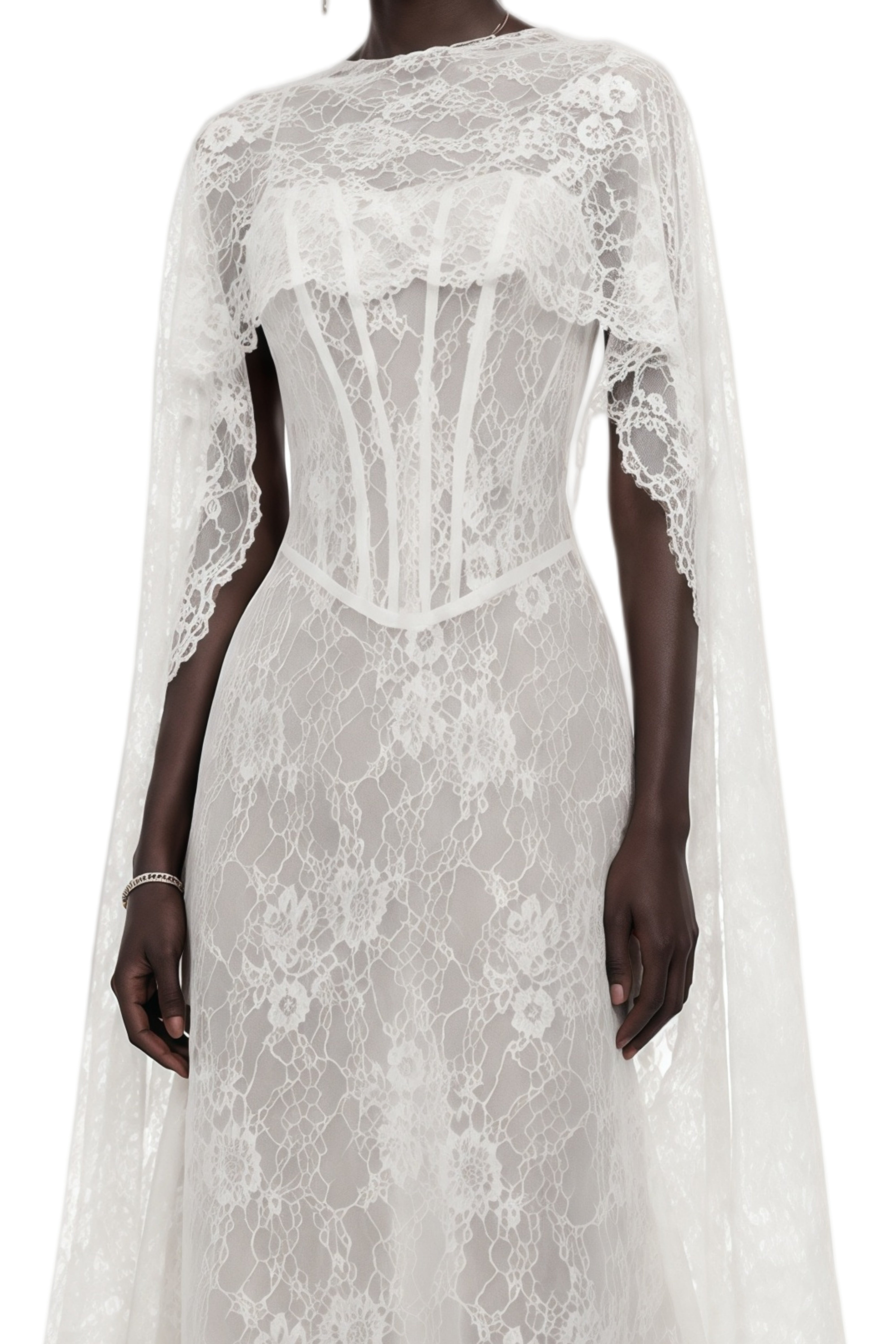 Audrey White Lace Cape Design Maxi Dress