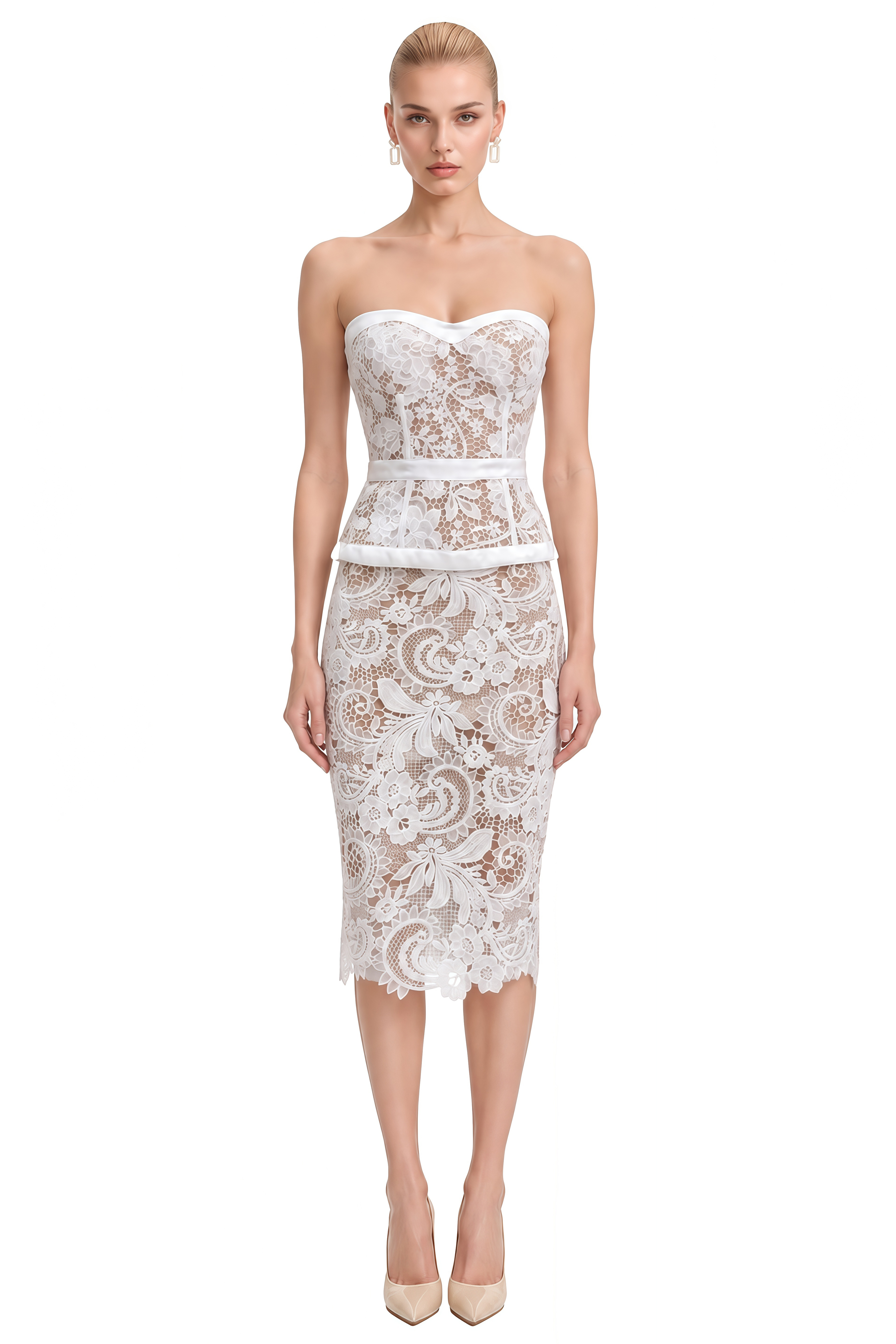 Aurora White Sweetheart Neck Lace Top & Skirt Set