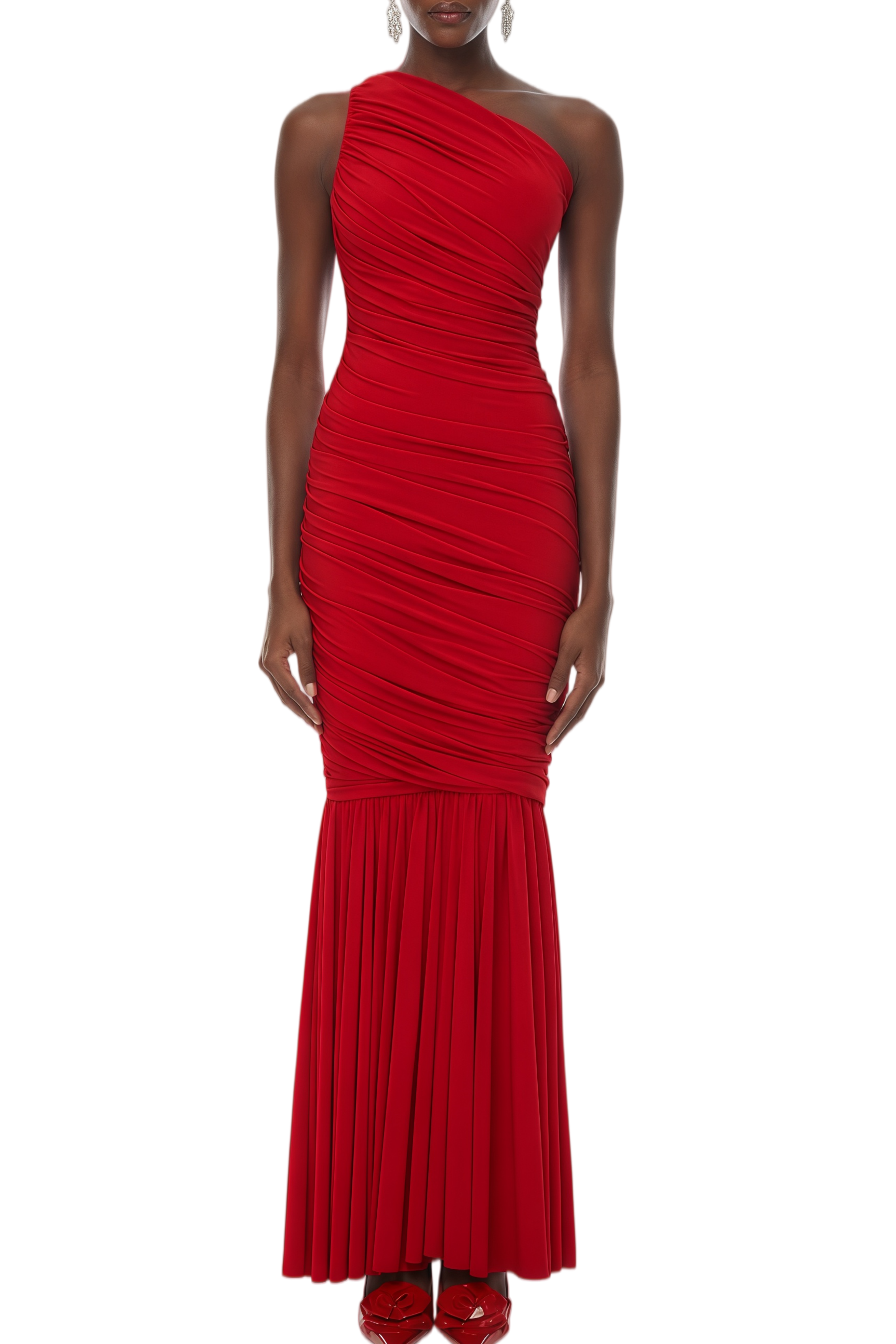 Barbara Red One Shoulder Pleated Maxi Dress