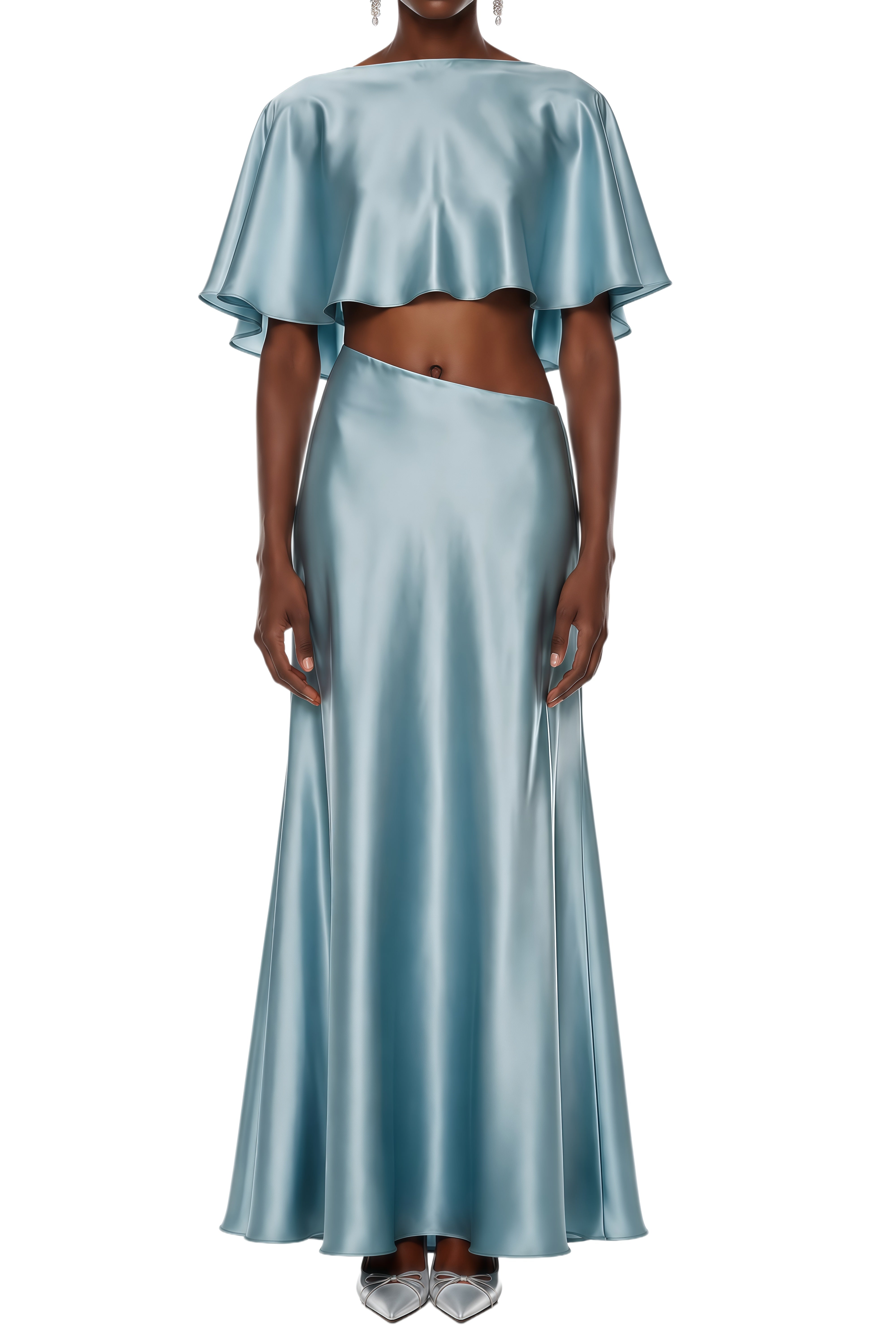 Beatrice Light Blue Asymmetrical Draped Top & Skirt Set