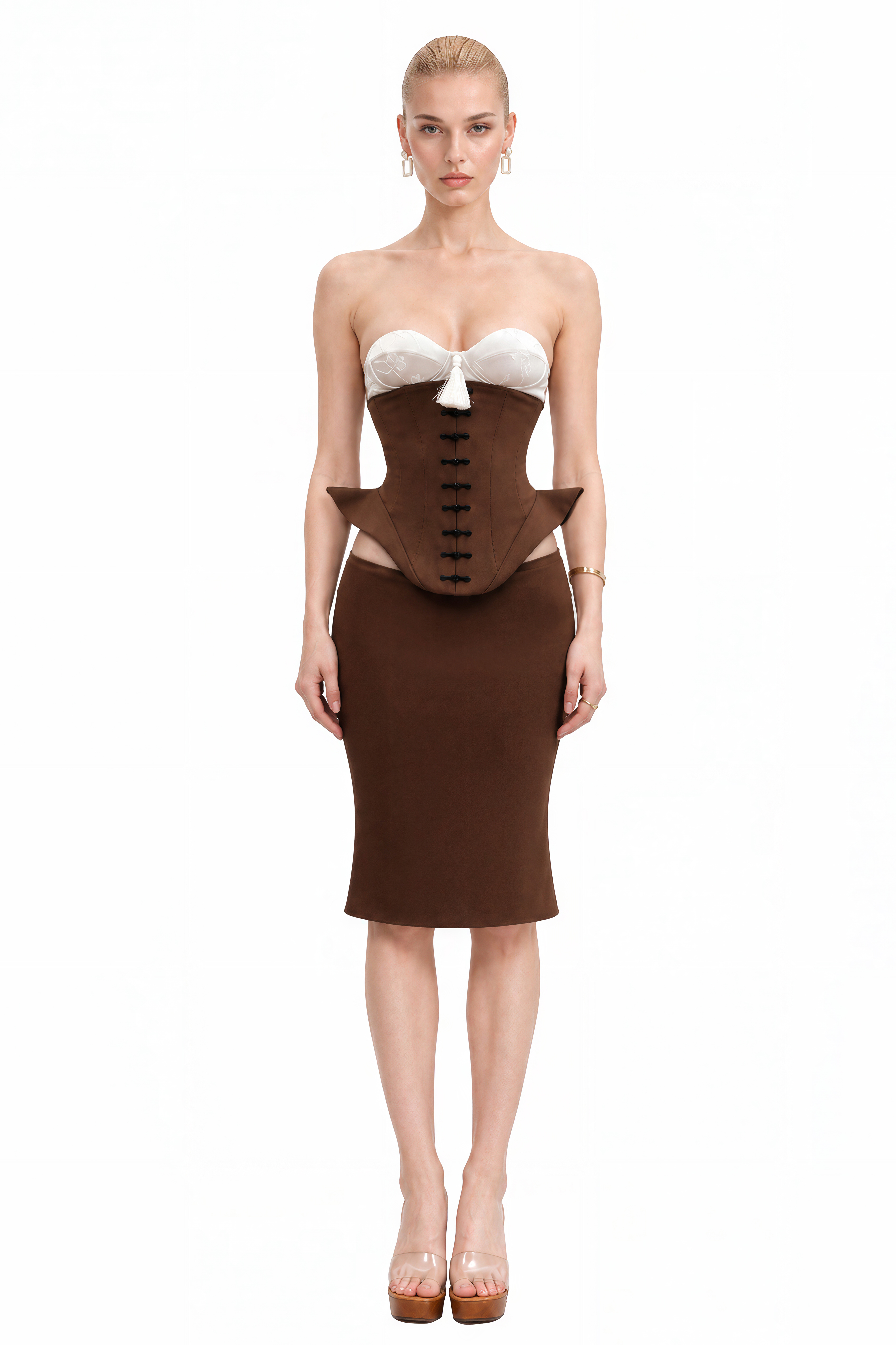 Camille Brown Sweetheart Neck Lace Top & Skirt Set