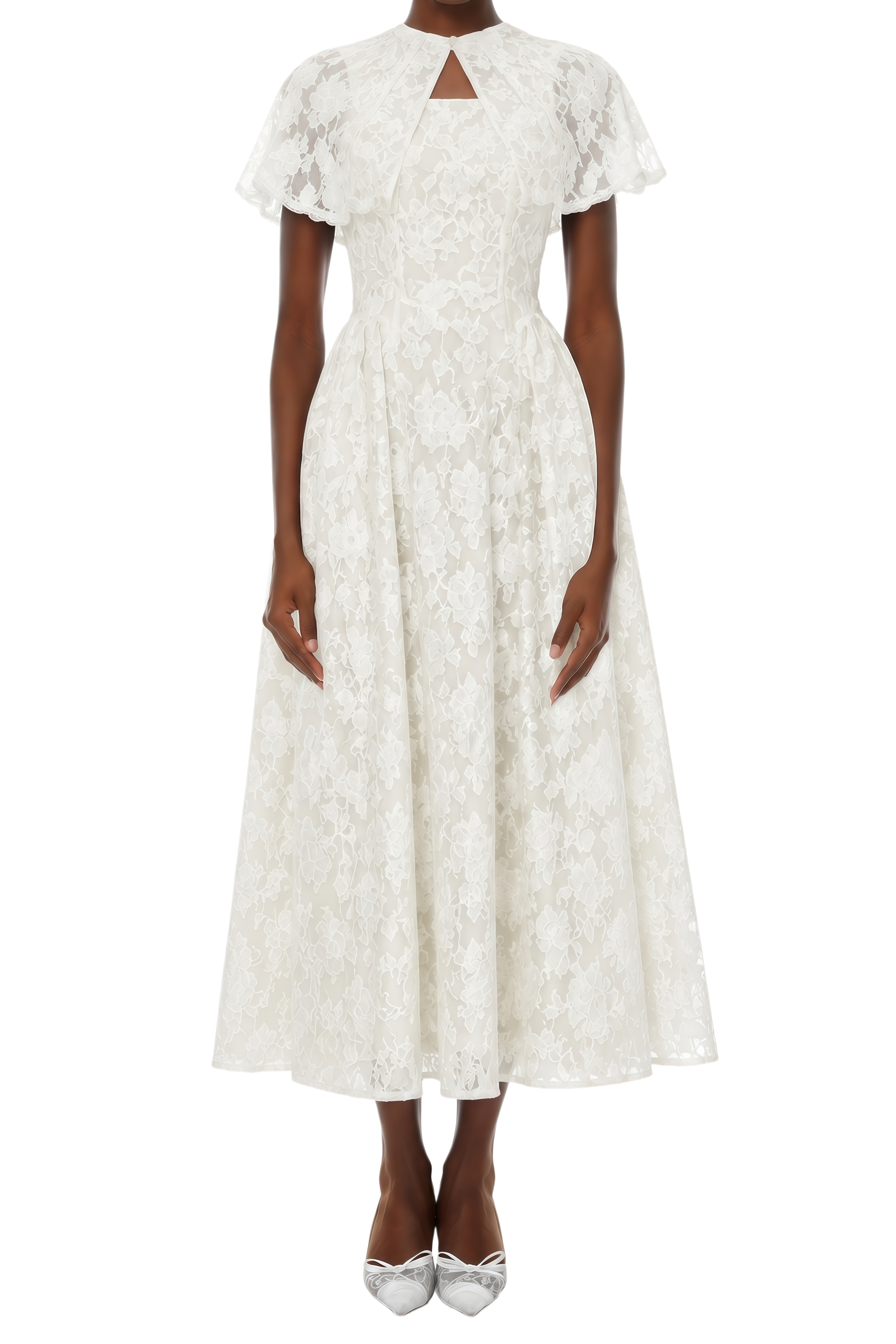 Camille White Cape Design Pleated Midi Dress