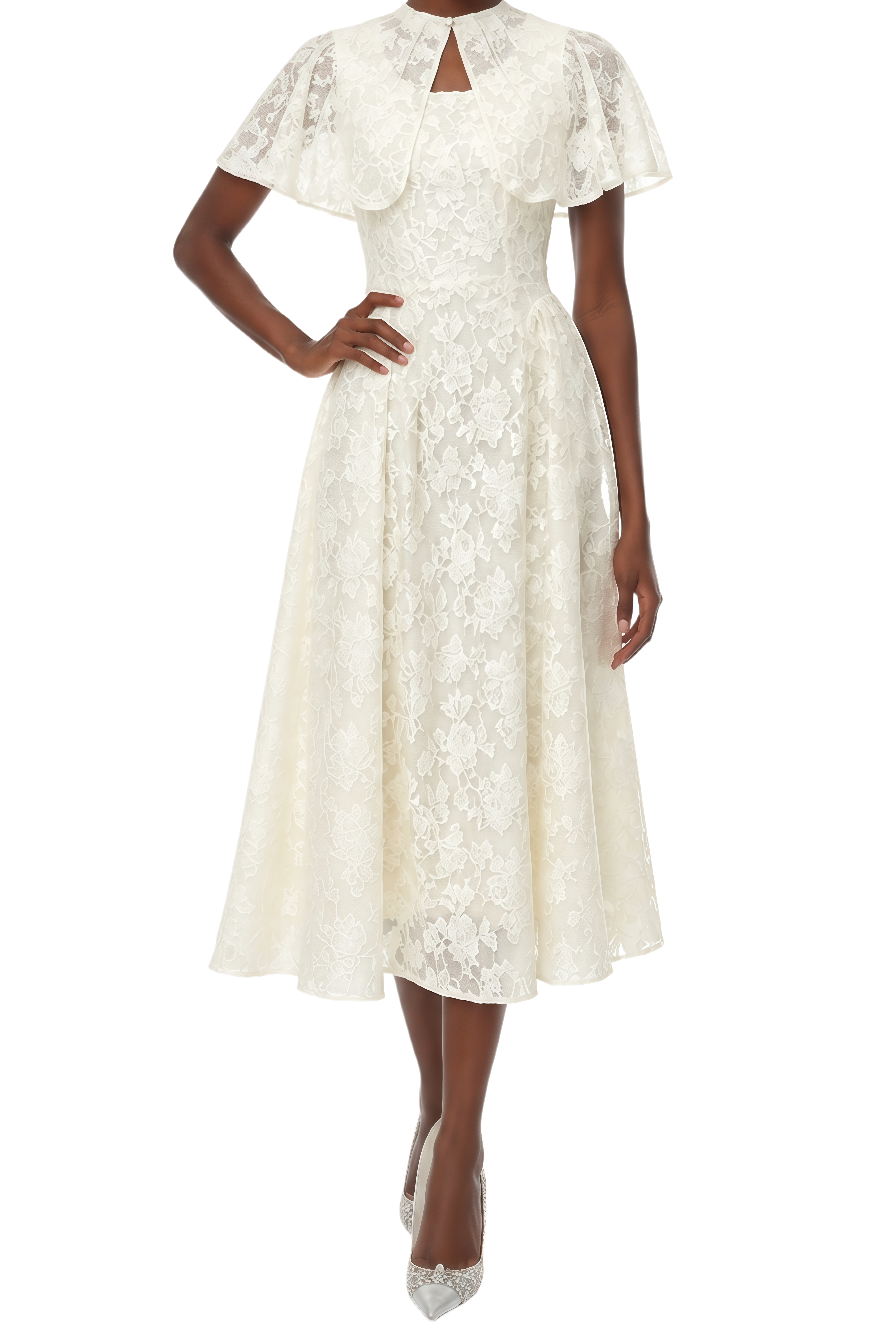 Camille White Cape Design Pleated Midi Dress