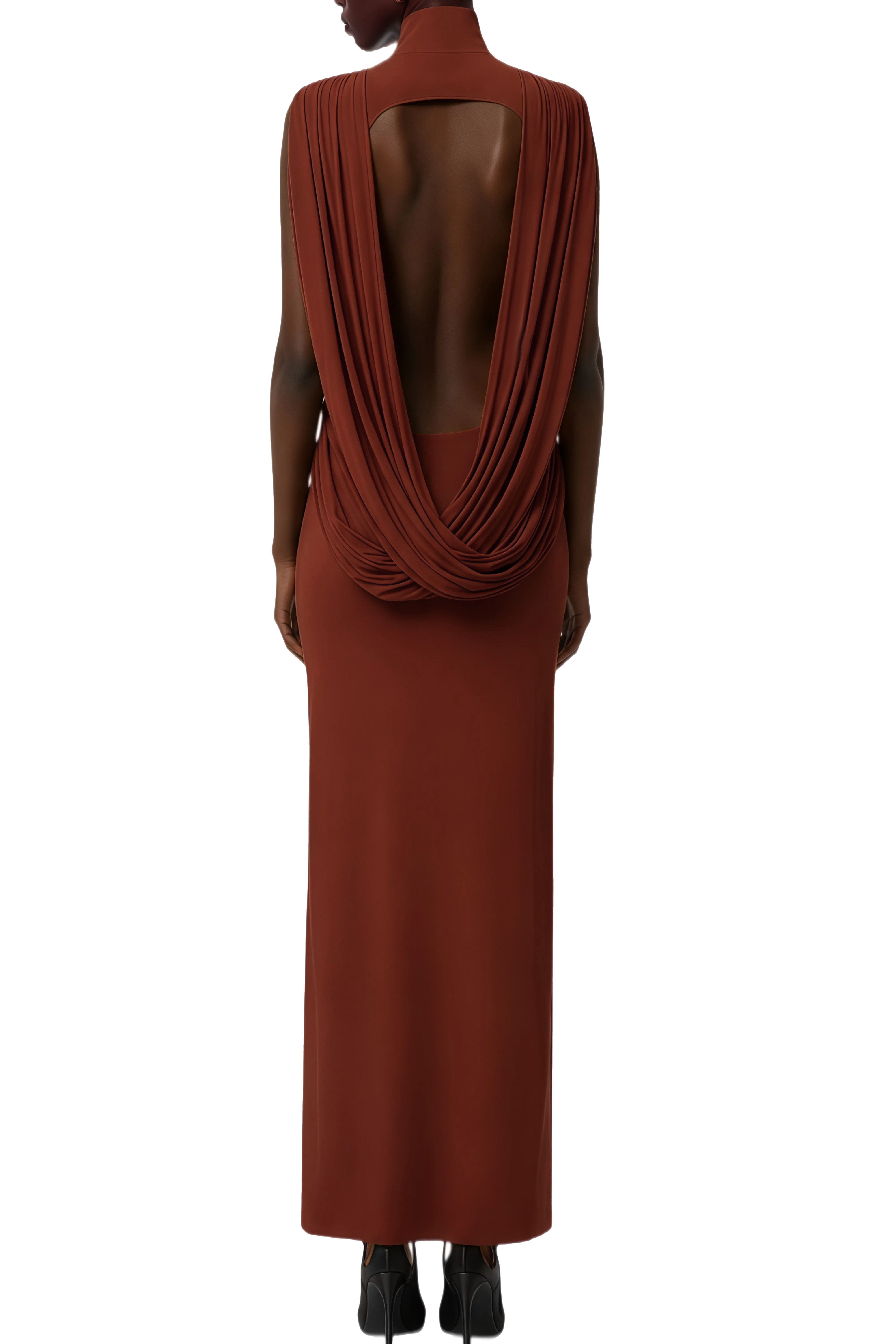 Cara Camel Brown Open Back Draped Maxi Dress