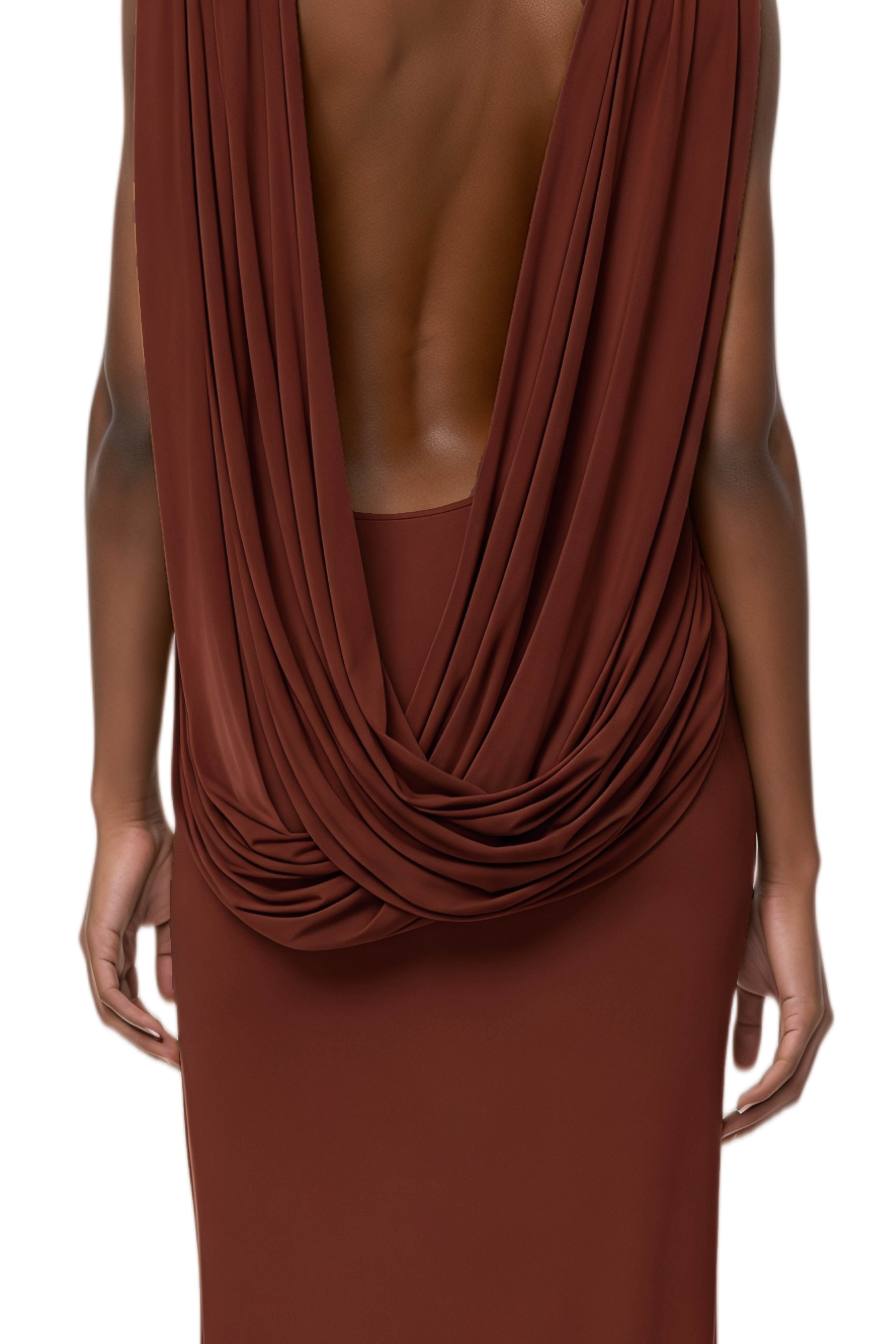 Cara Camel Brown Open Back Draped Maxi Dress