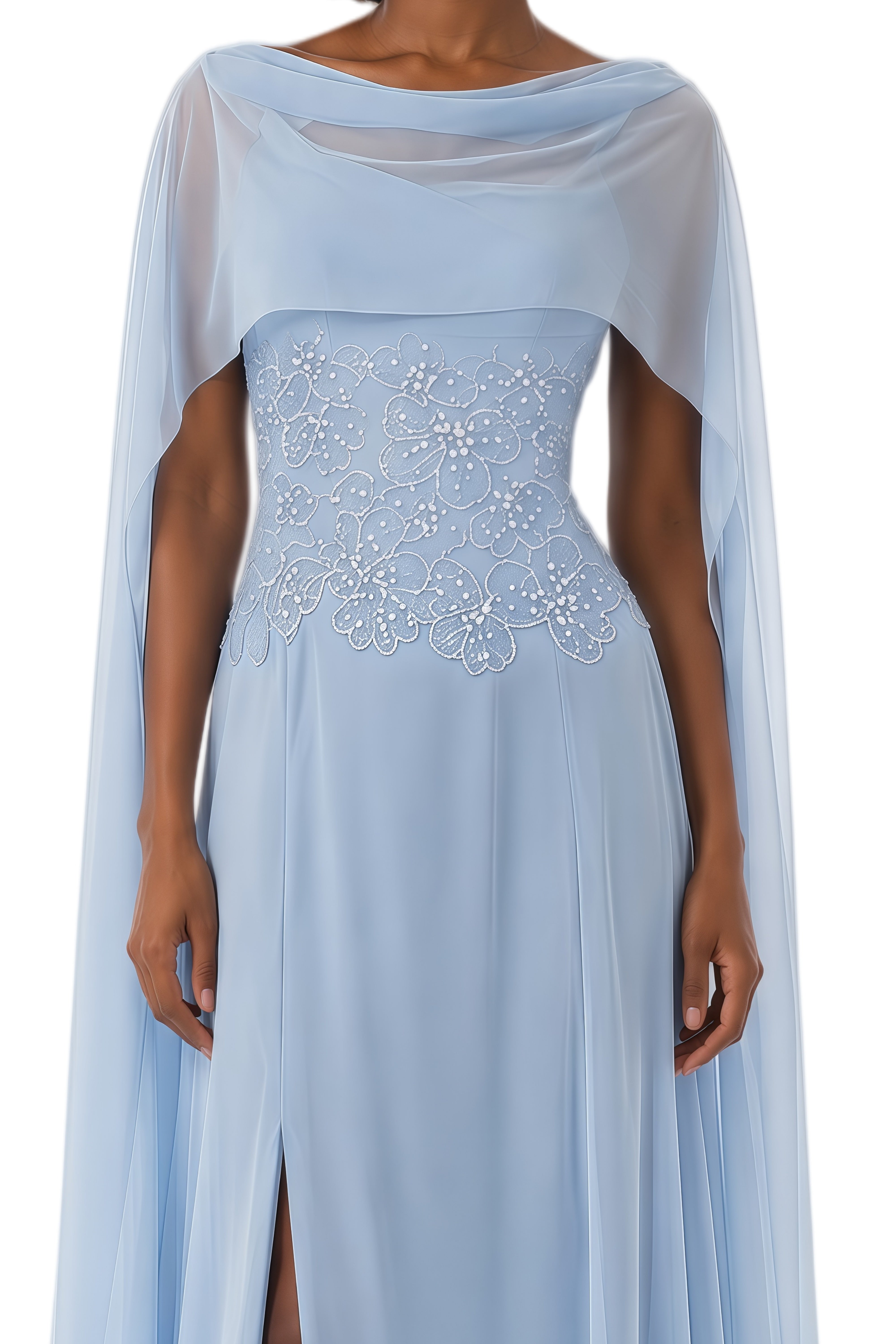 Caroline Blue Cape Design Sequined Maxi Dress