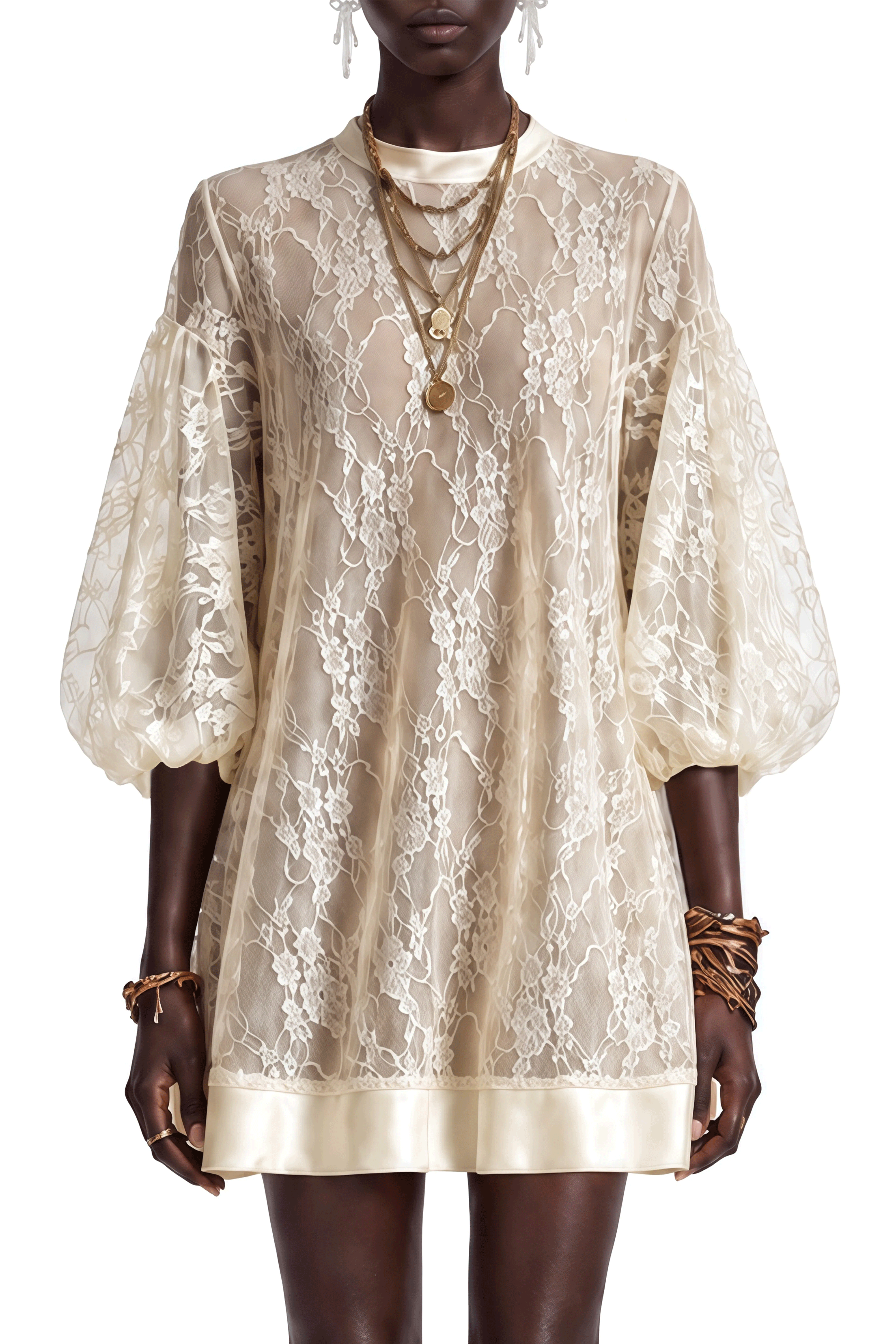 Cecile Ivory Sheer Floral Lace Mini Dress