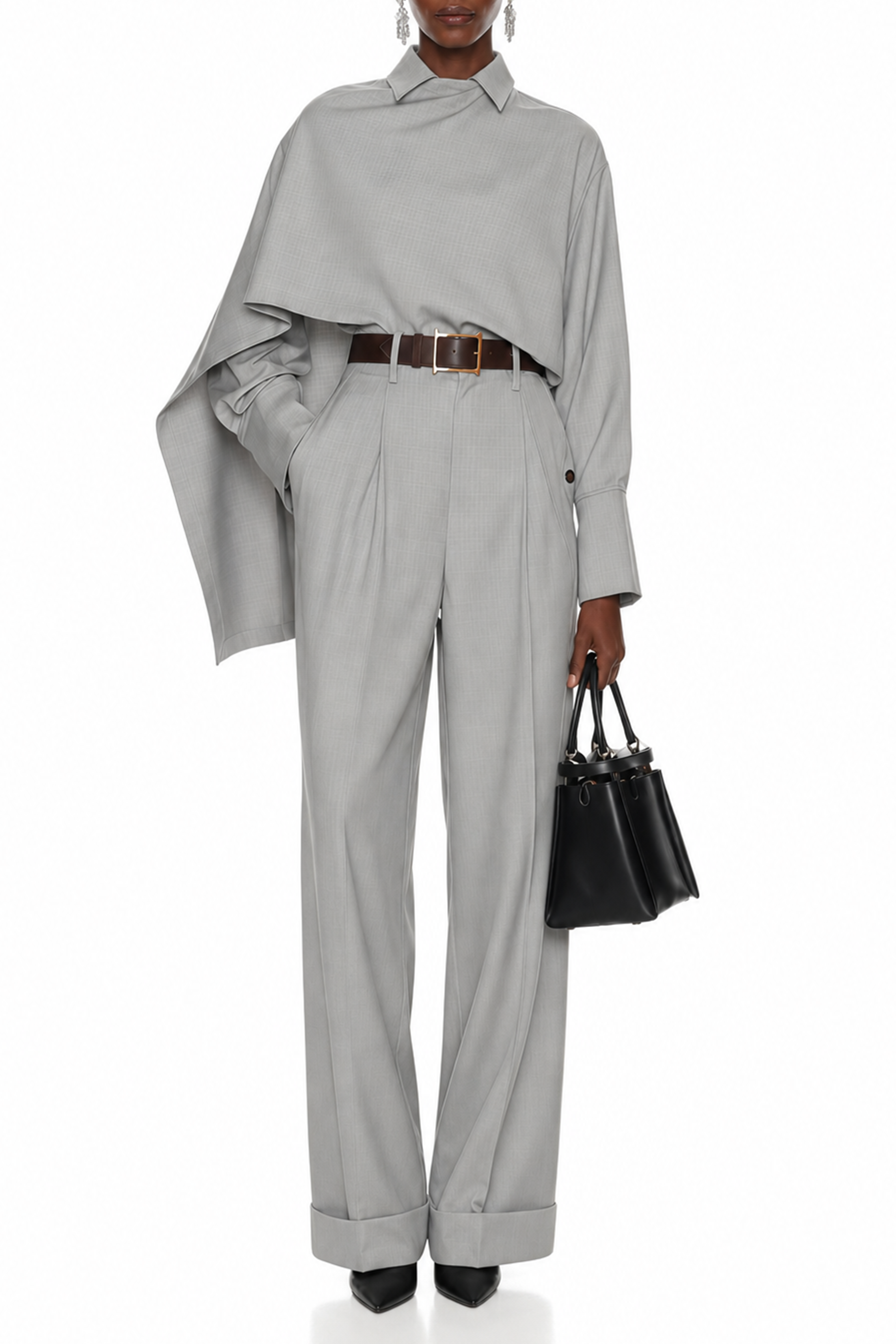 Cecilia Grey Asymmetrical Draped Shirt & Trousers Set