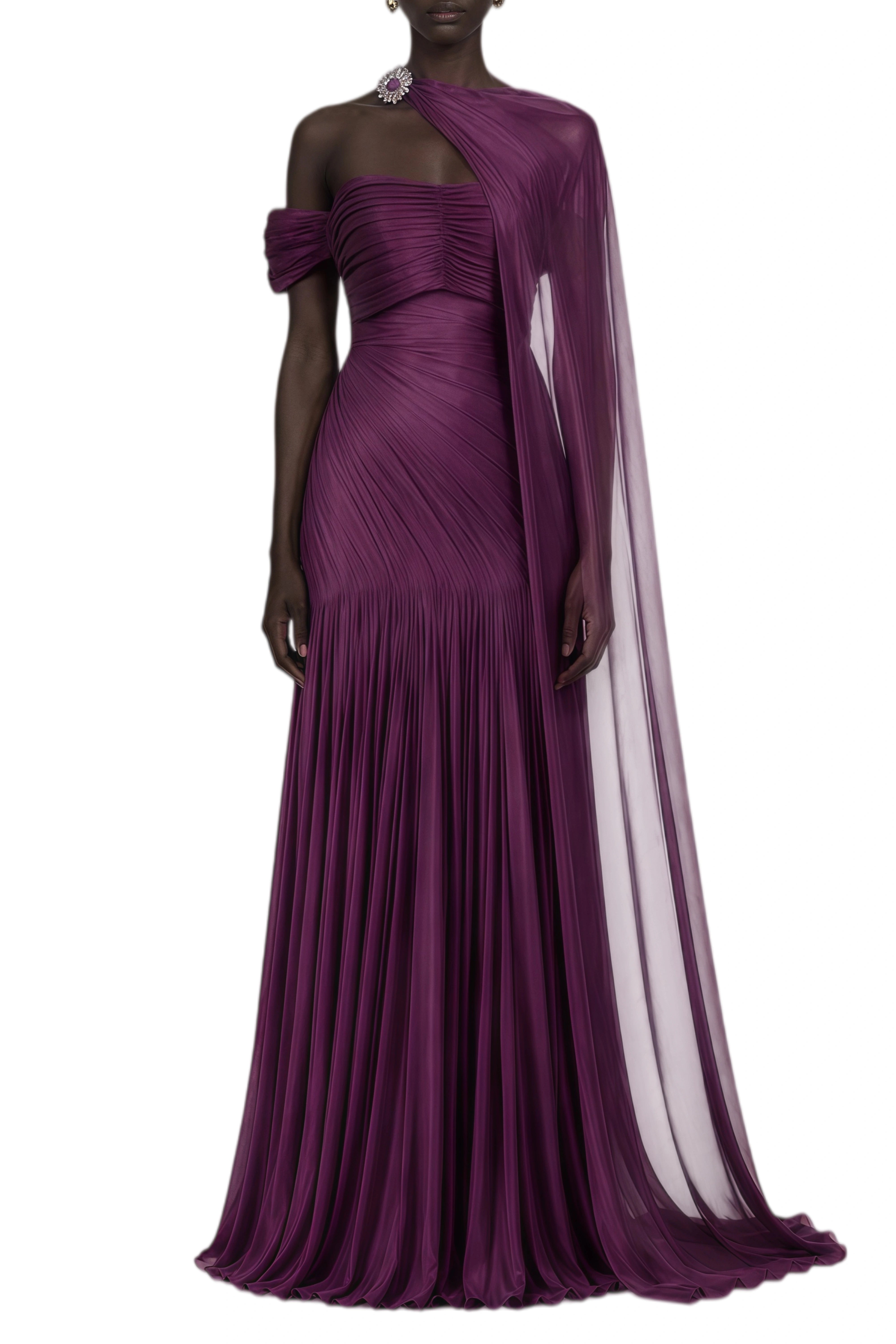 Celeste Burgundy Cape Design Asymmetrical Maxi Dress
