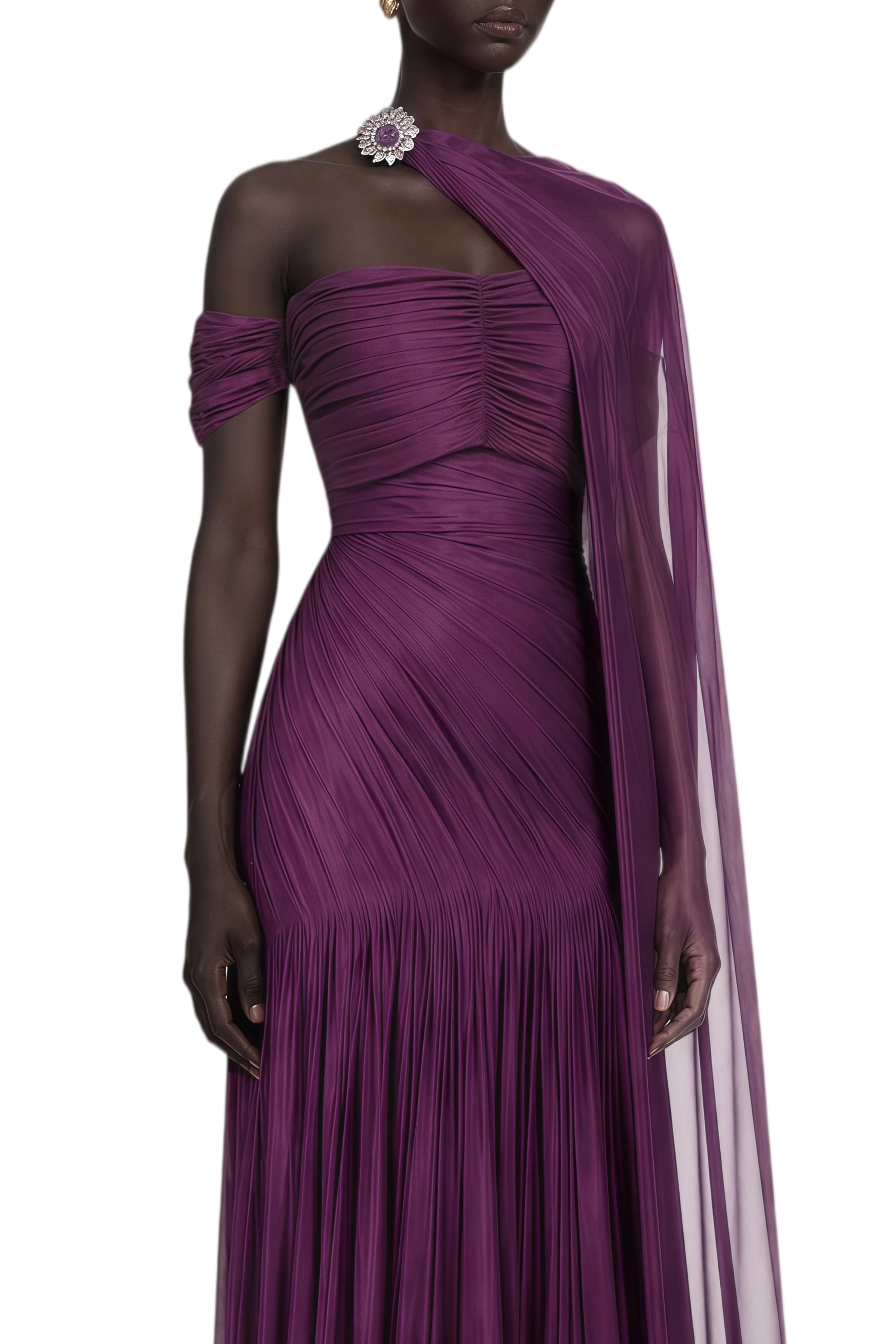 Celeste Burgundy Cape Design Asymmetrical Maxi Dress
