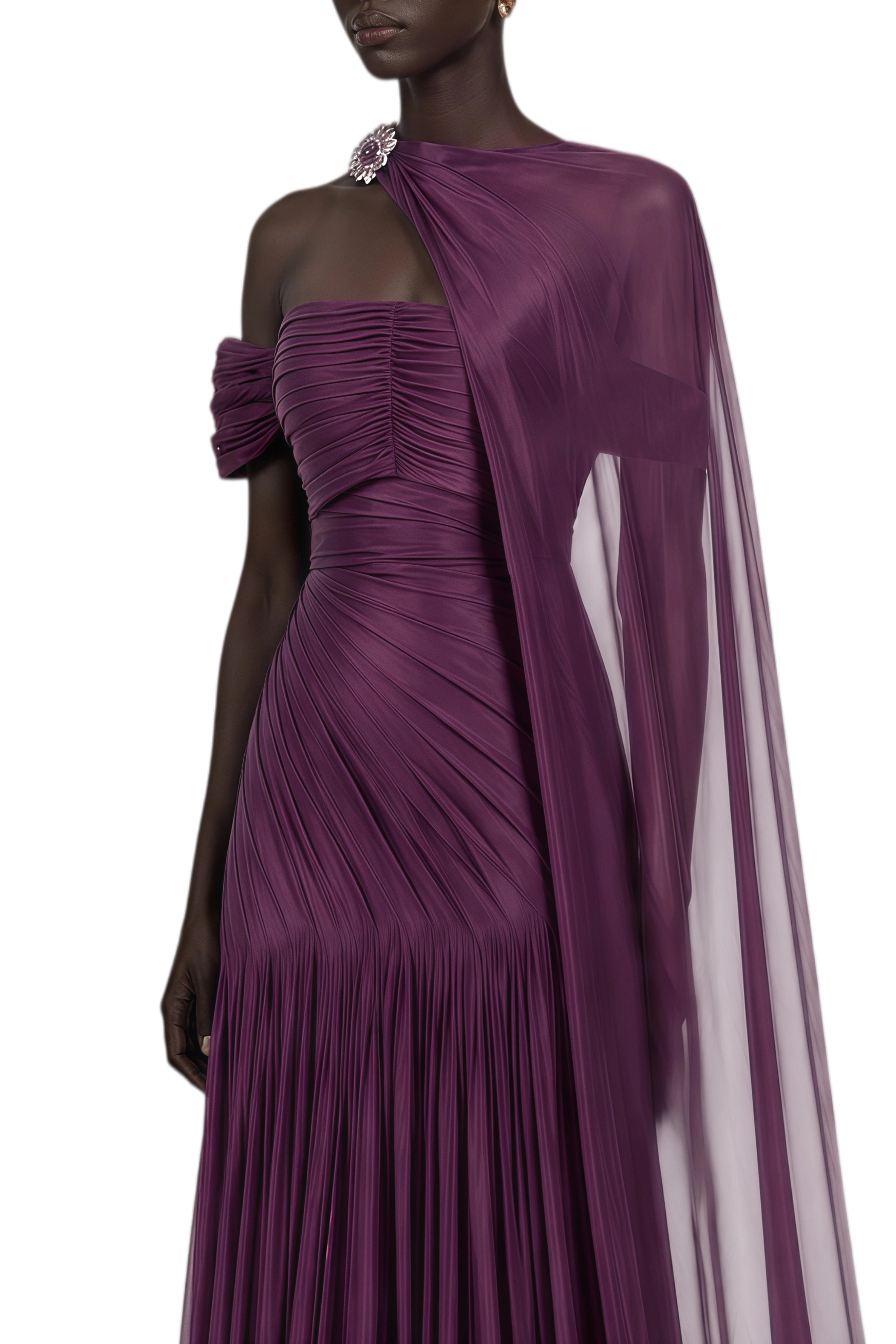 Celeste Burgundy Cape Design Asymmetrical Maxi Dress