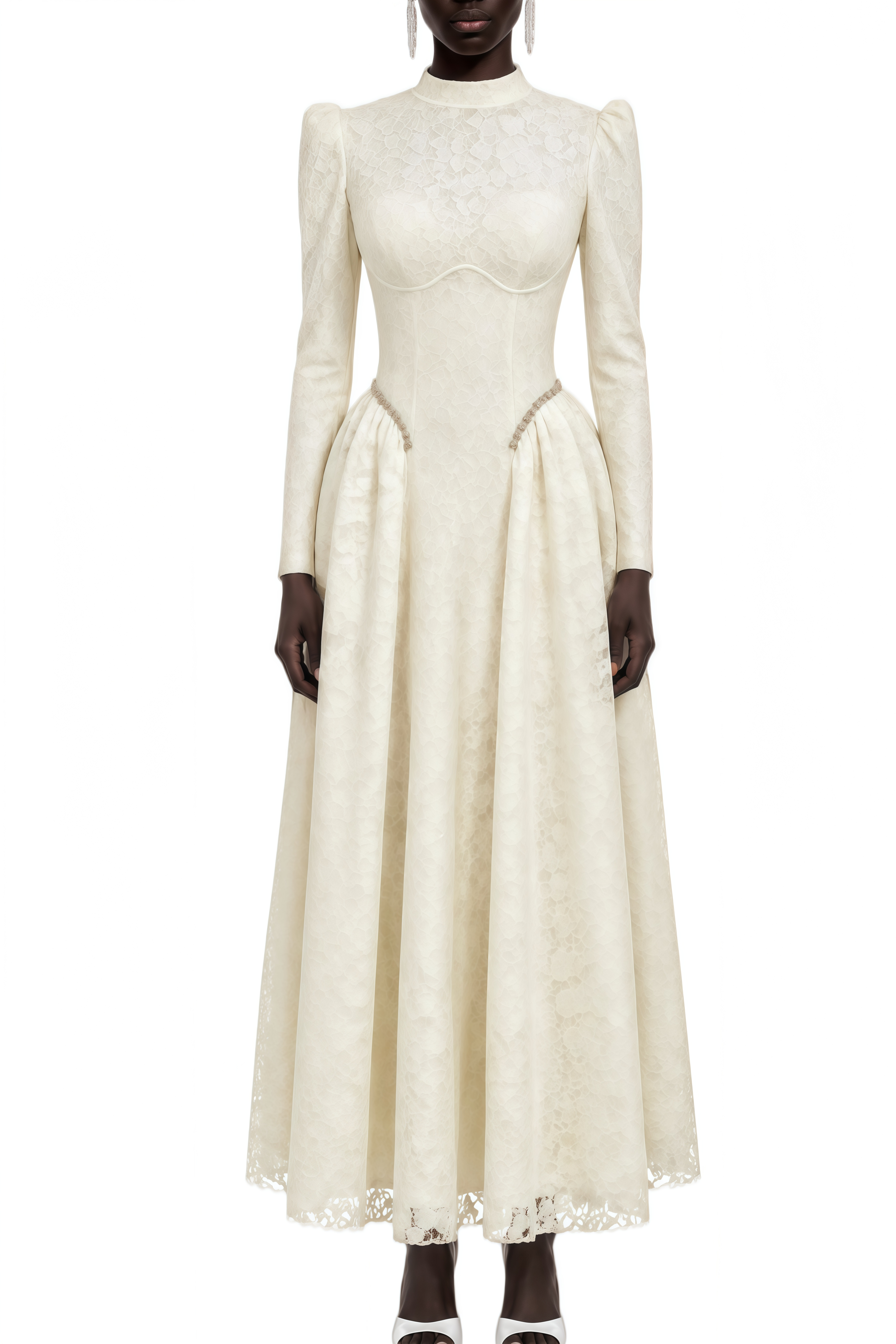 Celia White Turtleneck Cinched Waist Maxi Dress