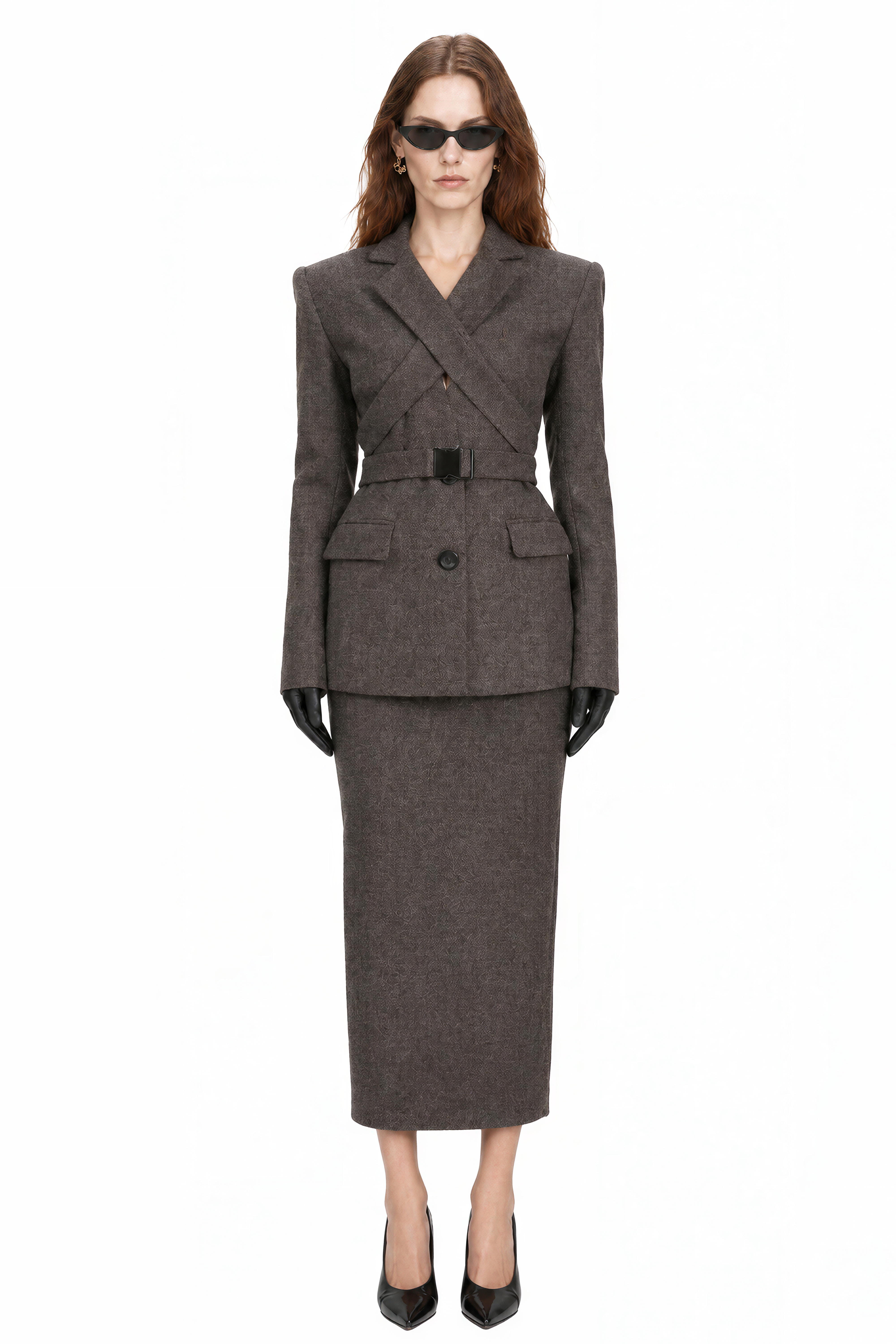 Charlotte Charcoal Brown Long Sleeves Slit Coat & Skirt Set
