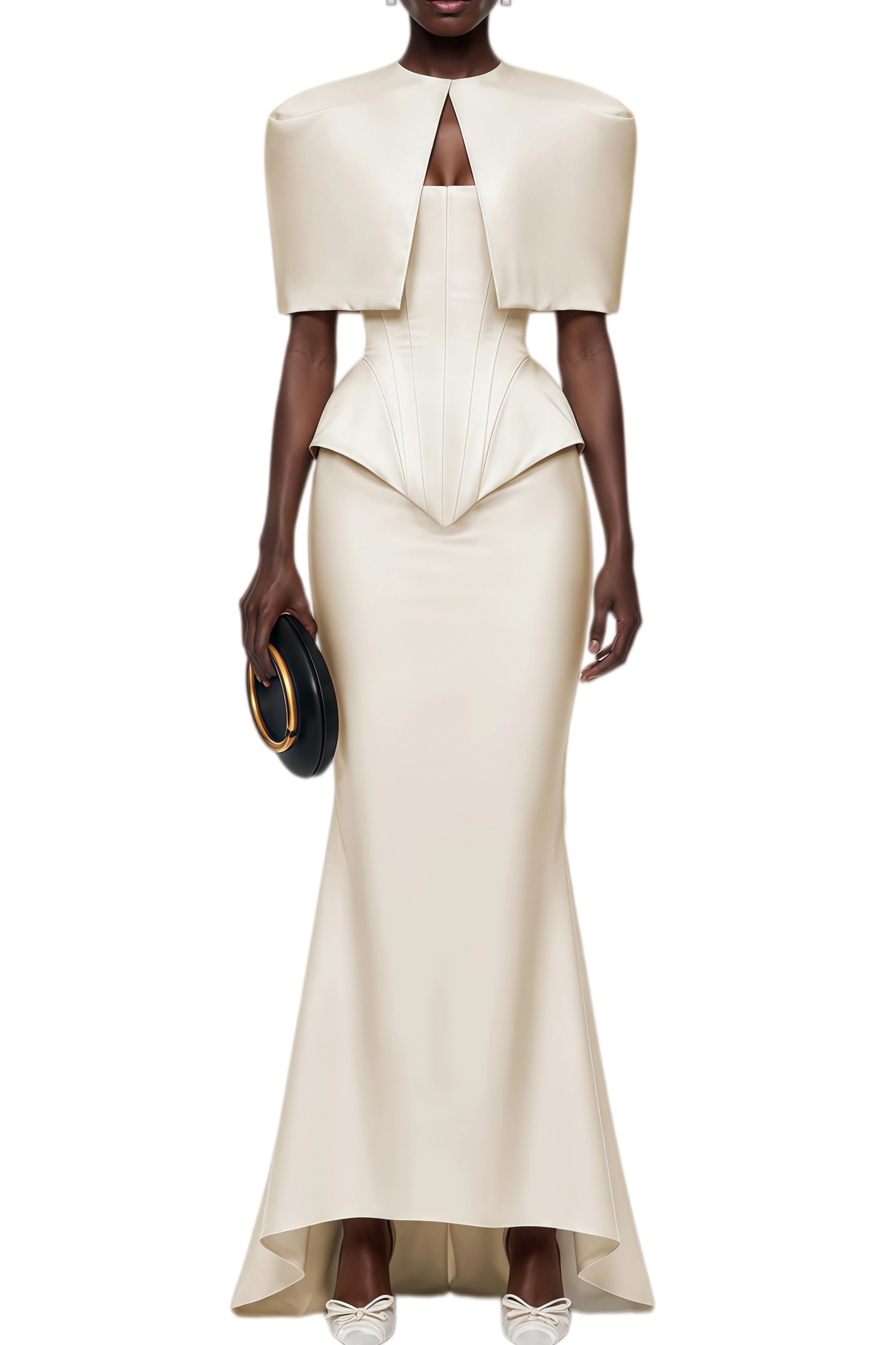 Charlotte White Cape & Curved Top & Asymmetrical Skirt Set