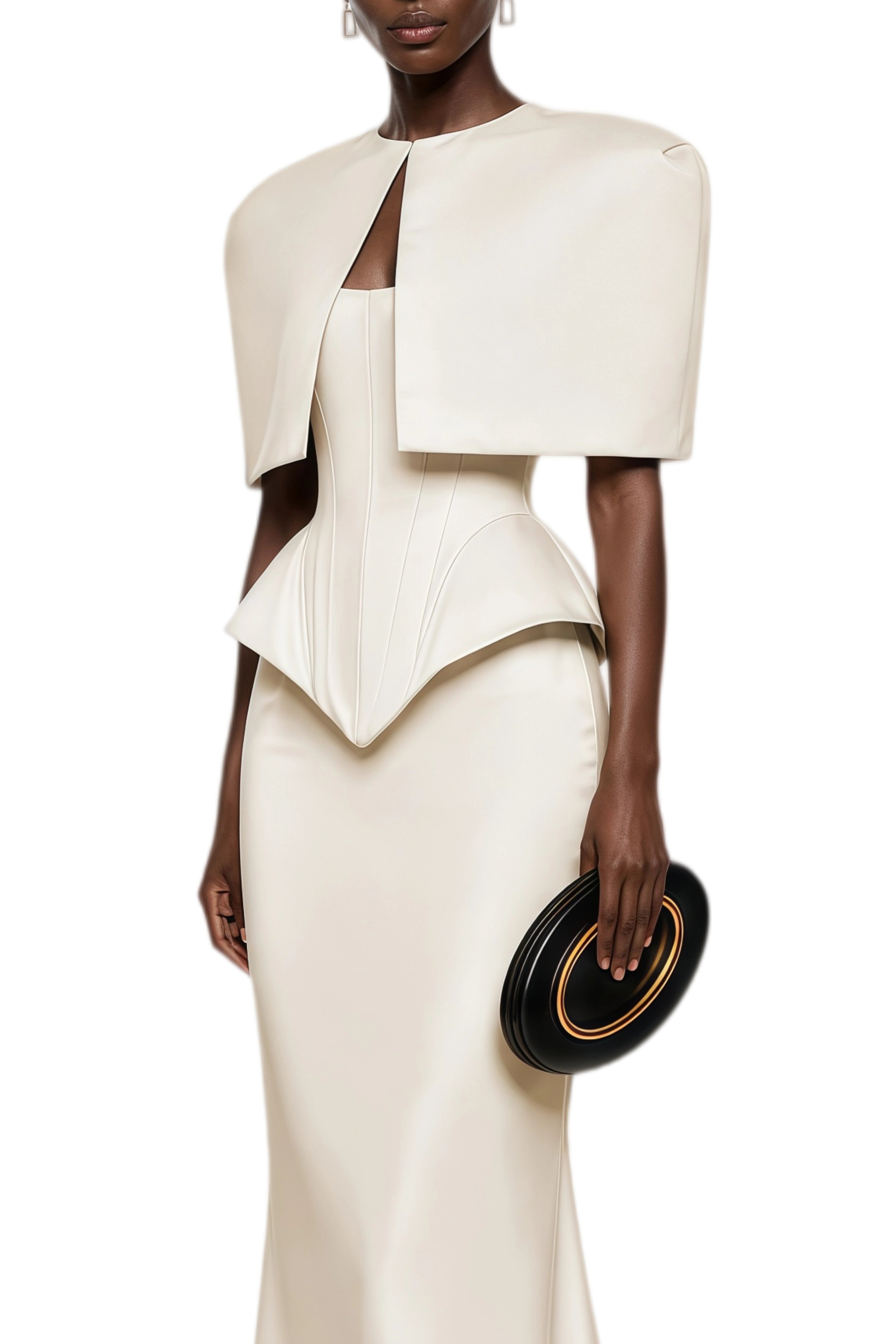Charlotte White Cape & Curved Top & Asymmetrical Skirt Set