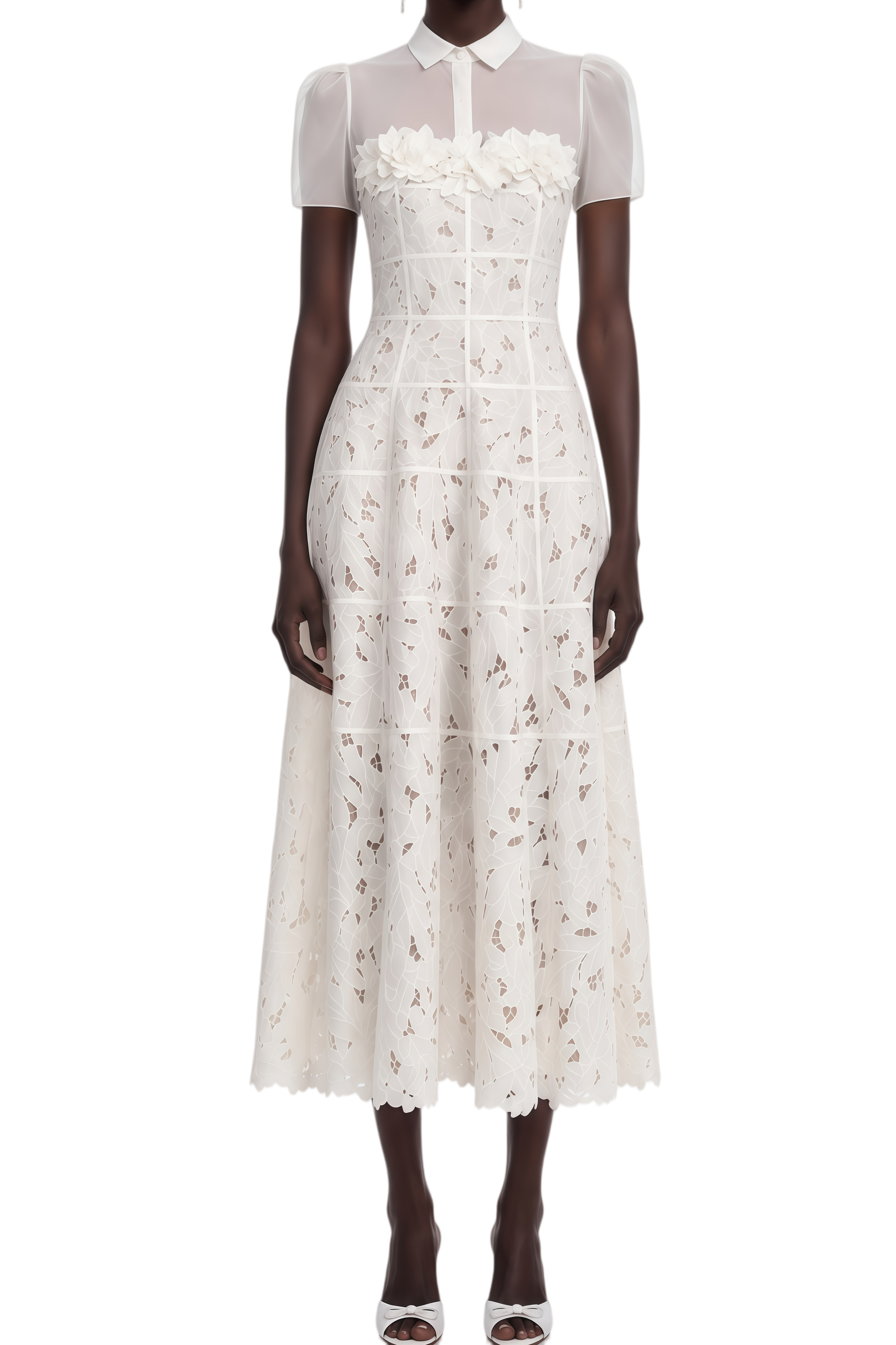 Charlotte White Lace Panel Floral Appliqué Midi Dress