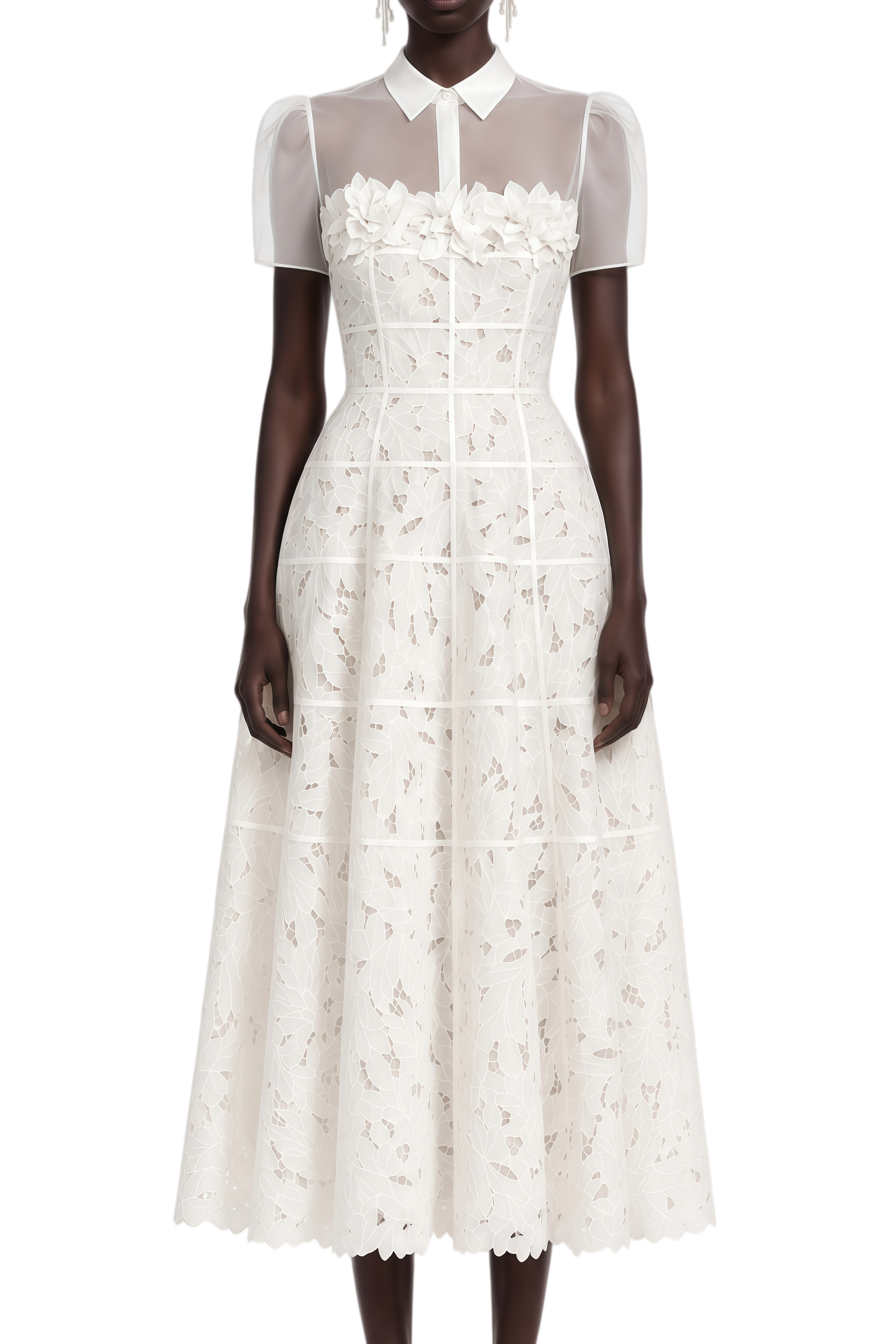 Charlotte White Lace Panel Floral Appliqué Midi Dress