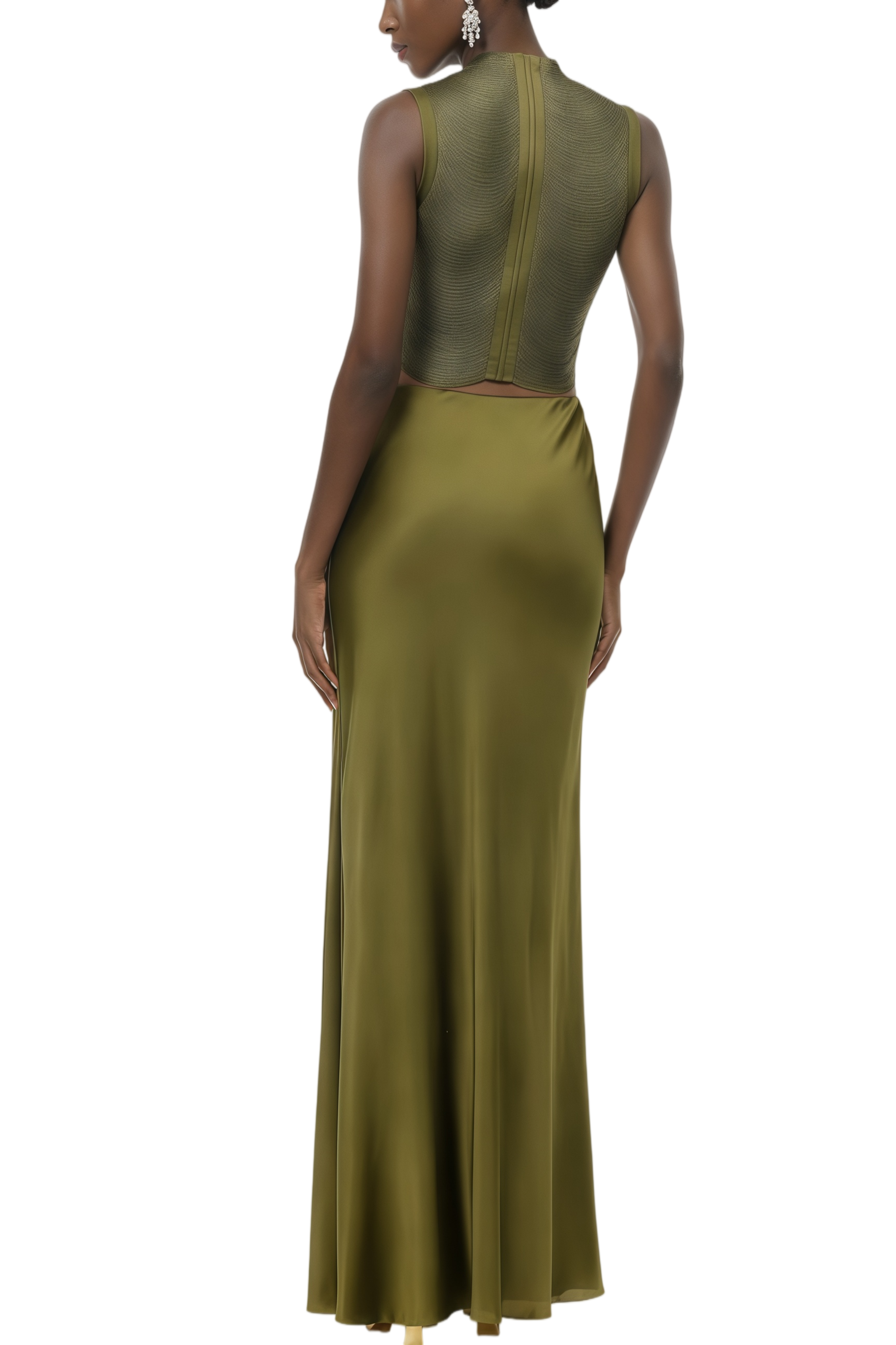 Janice Olive Green Fringed Top & Satin Skirt Set