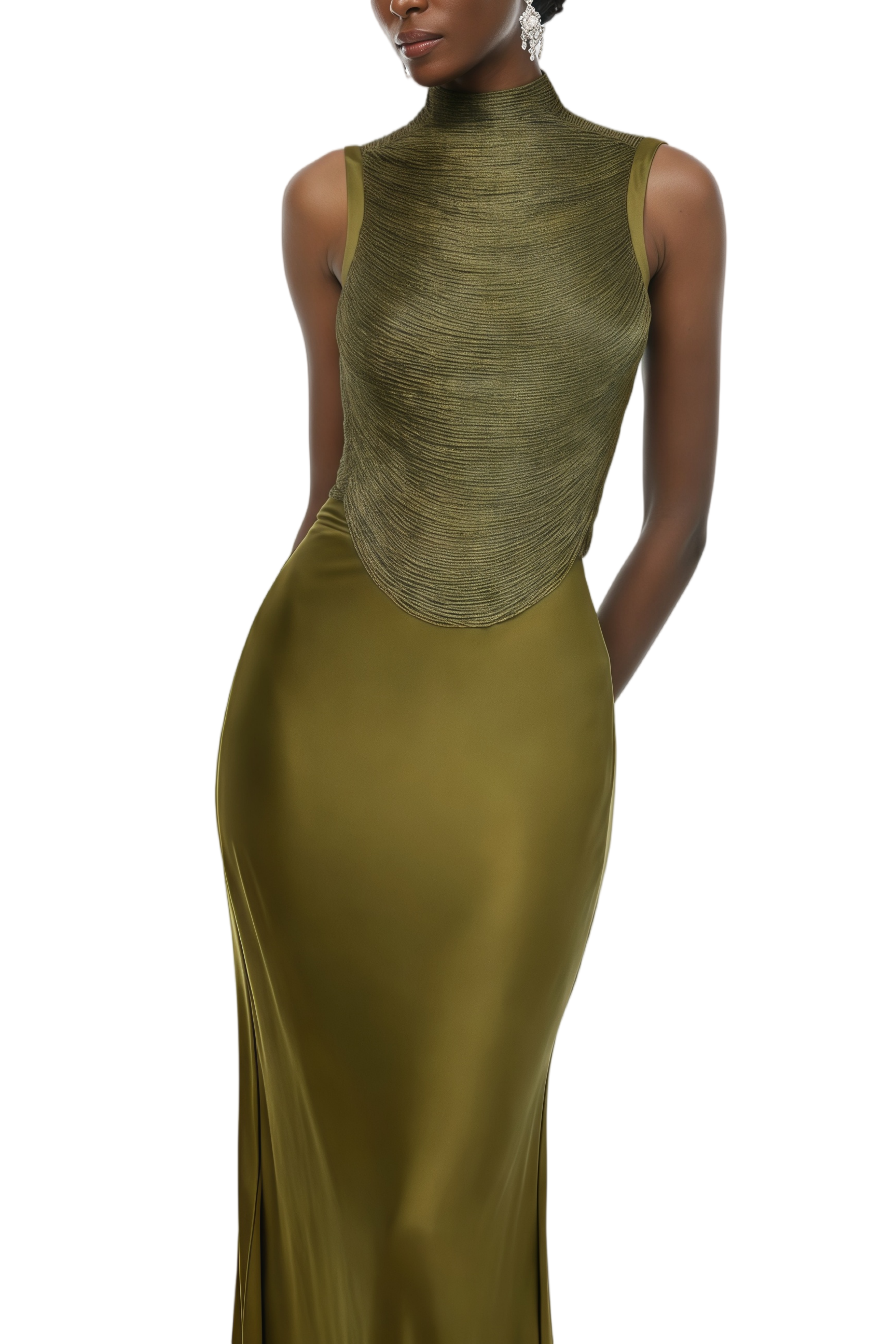 Janice Olive Green Fringed Top & Satin Skirt Set