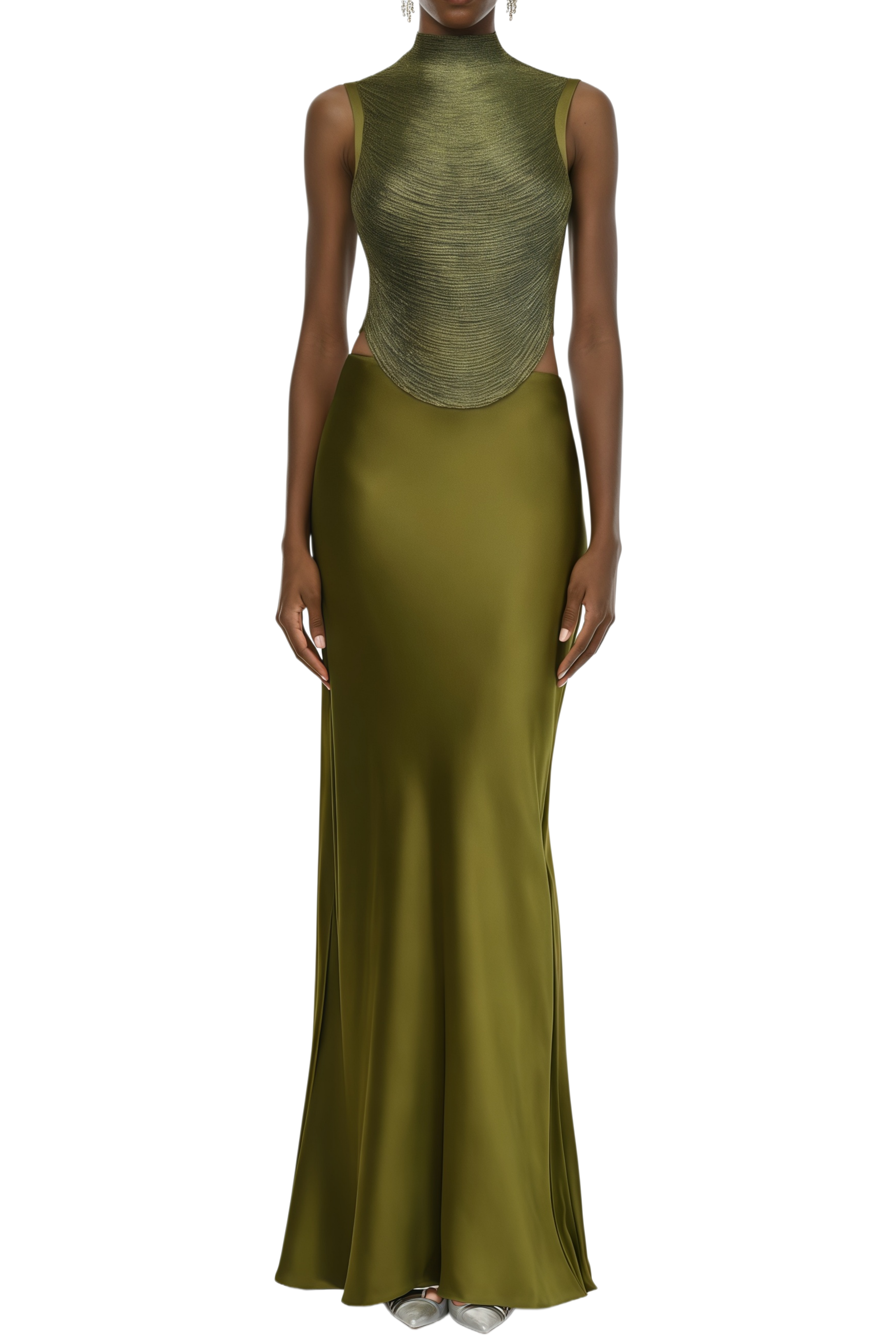 Janice Olive Green Fringed Top & Satin Skirt Set