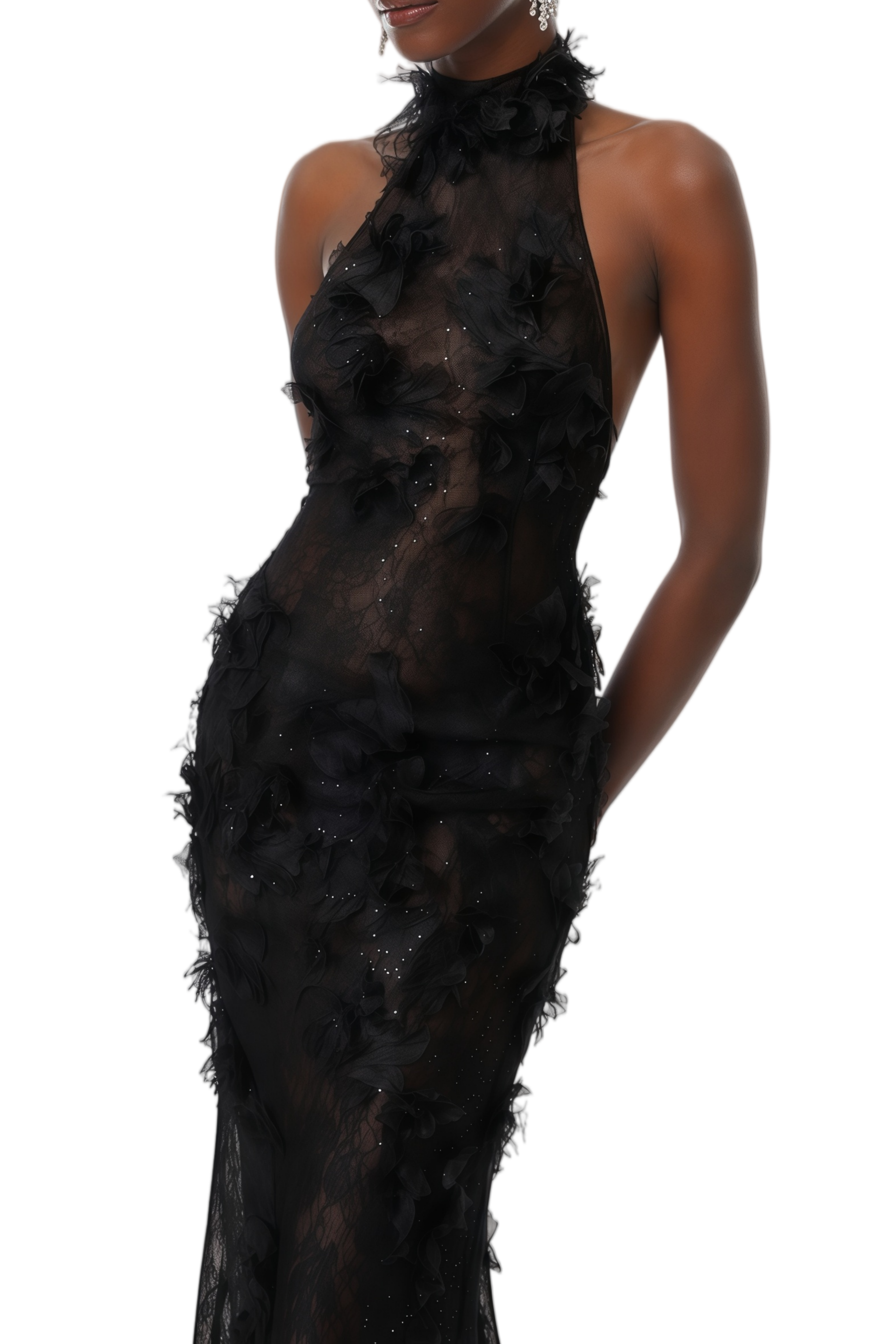 Ethel Black Halterneck 3D Floral Appliqué Maxi Dress