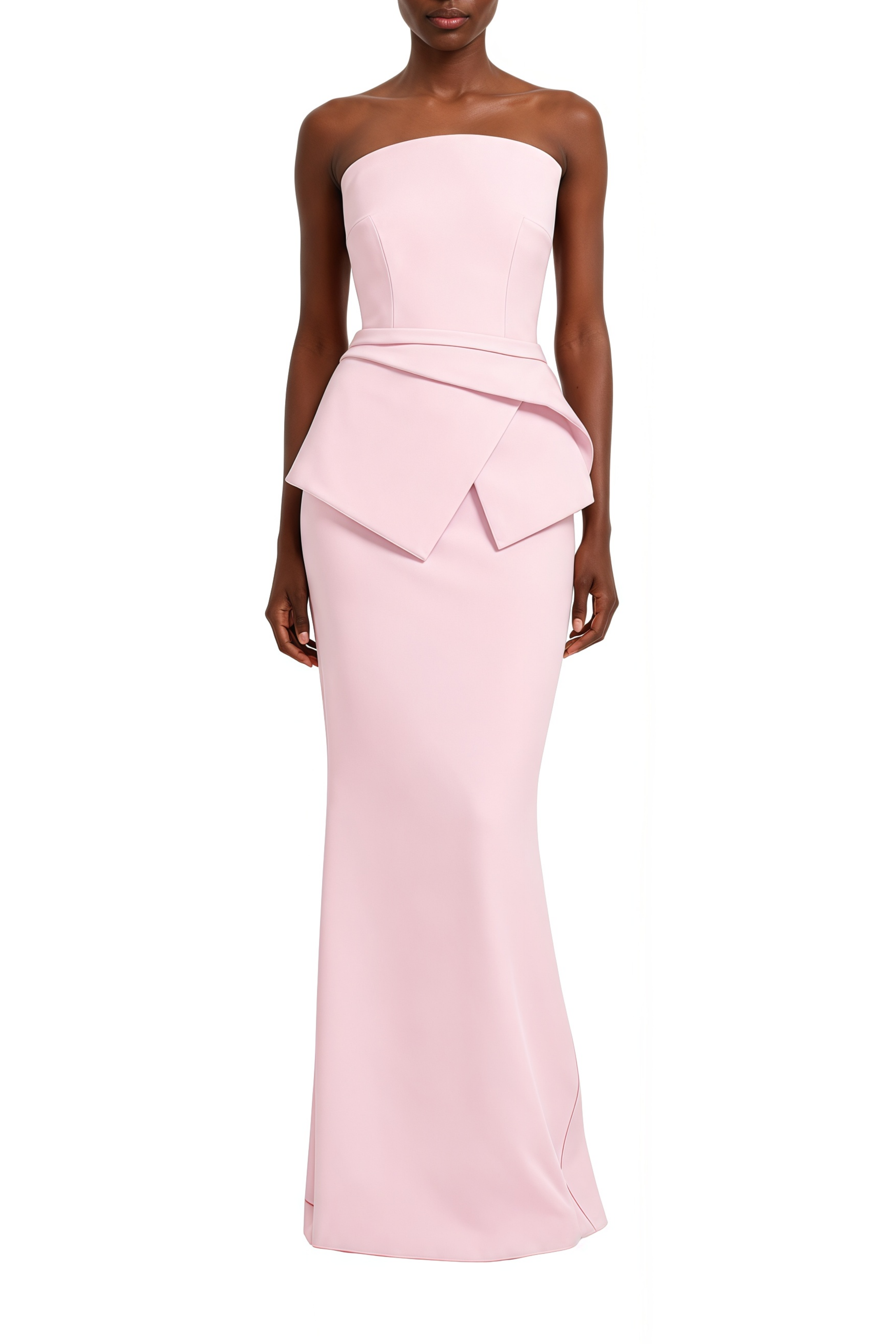 Daphne Pink Strapless Asymmetric Peplum Maxi Dress