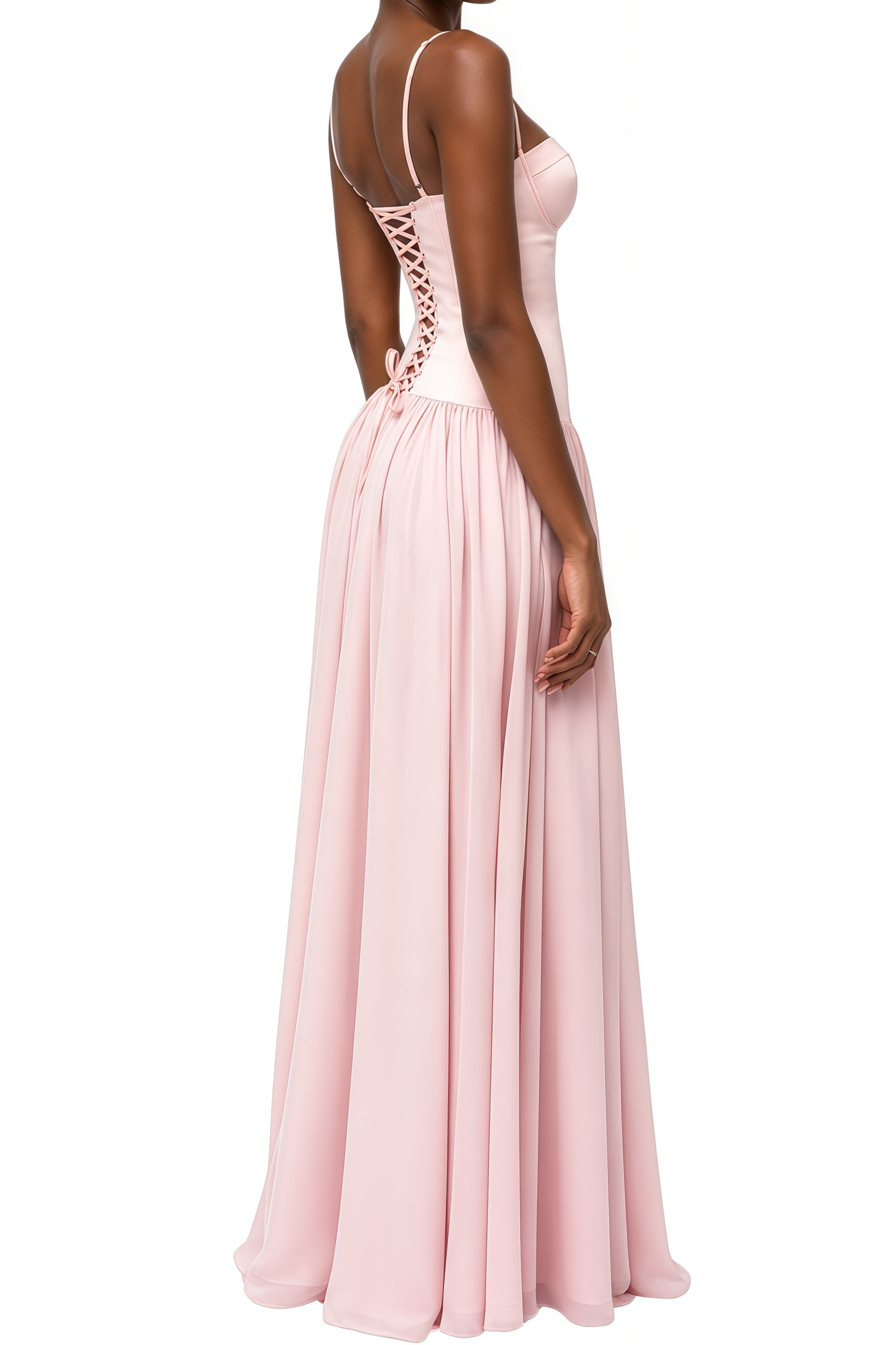 Jacqueline Pink Lace Up Ruched Maxi Dress