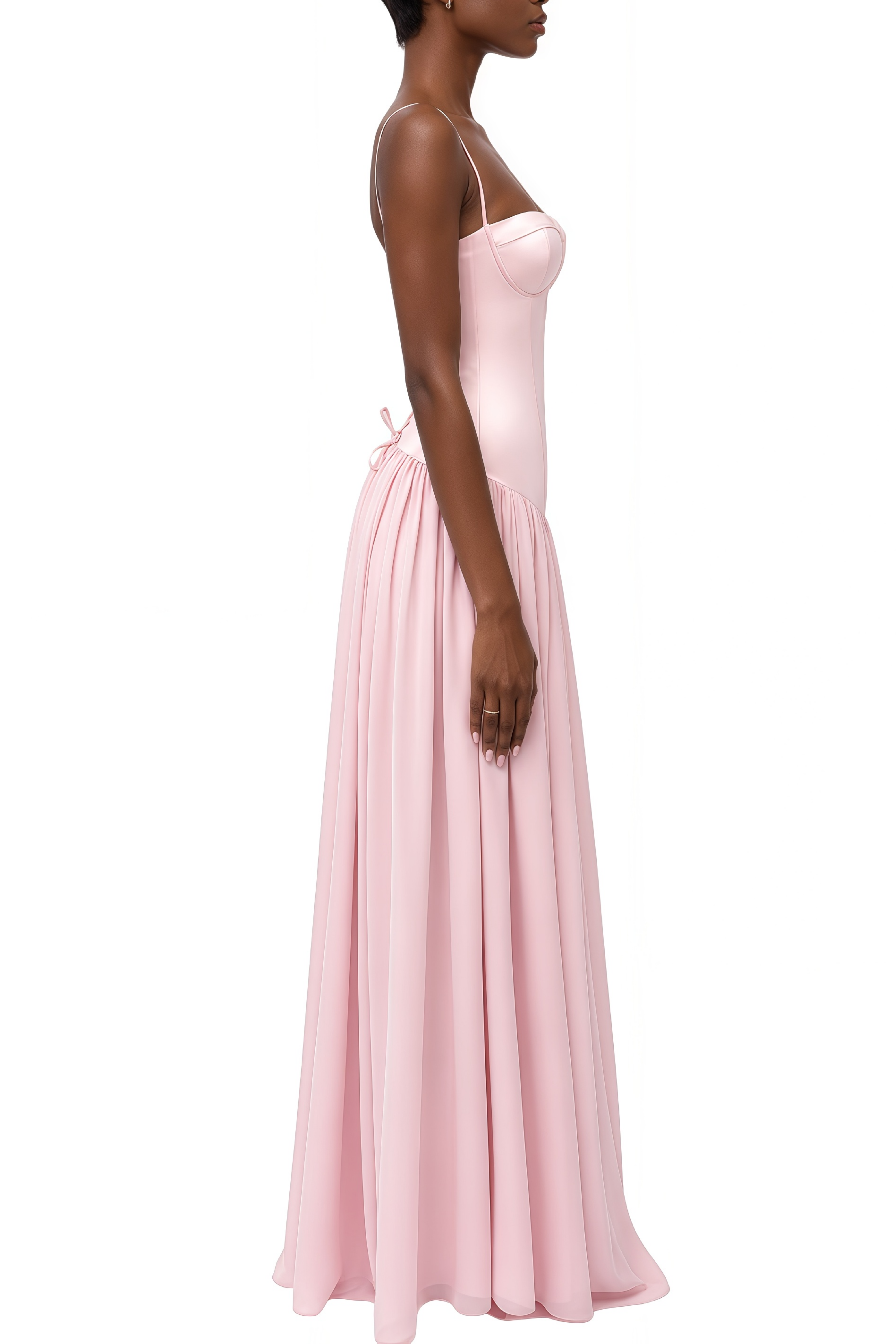 Jacqueline Pink Lace Up Ruched Maxi Dress