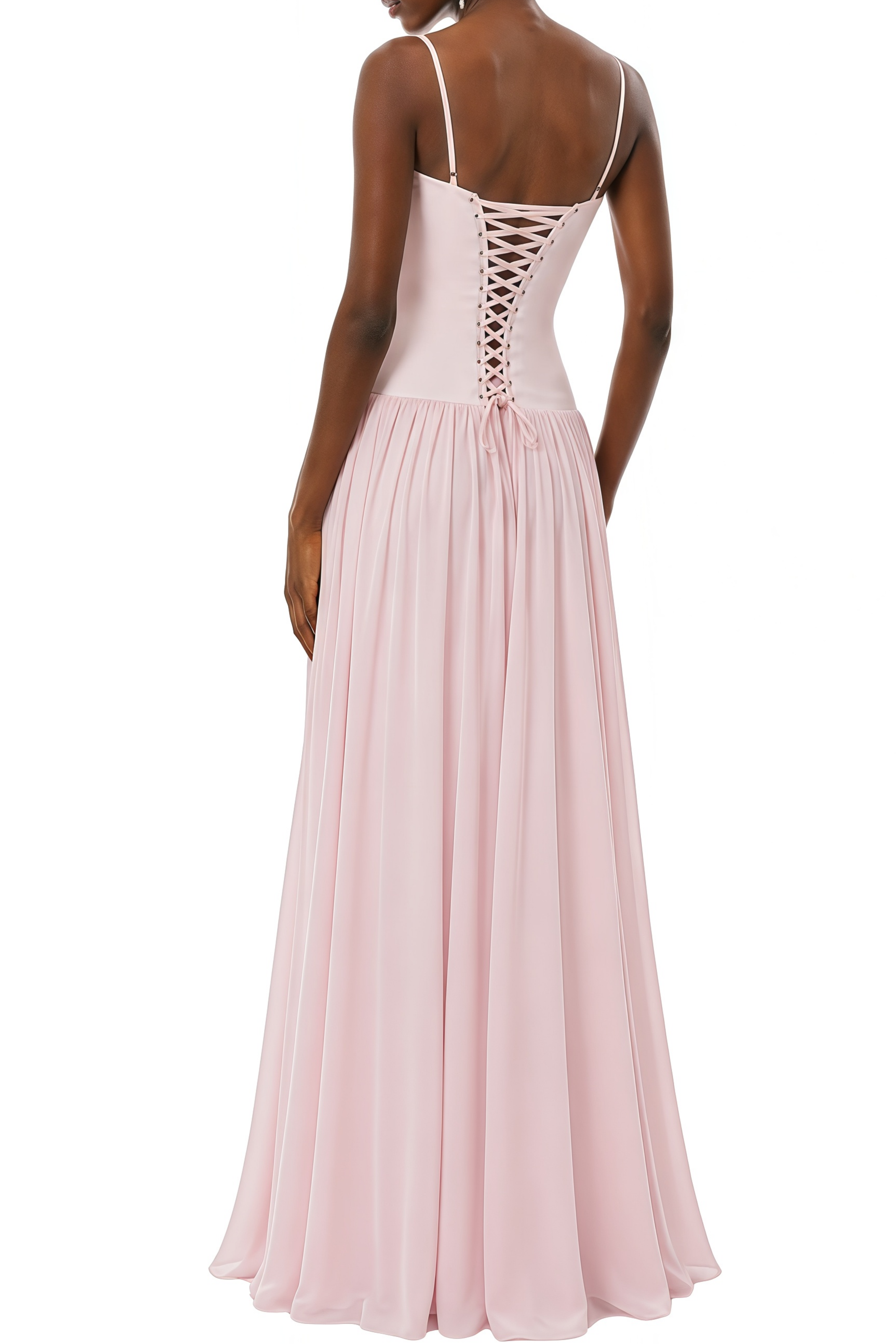 Jacqueline Pink Lace Up Ruched Maxi Dress