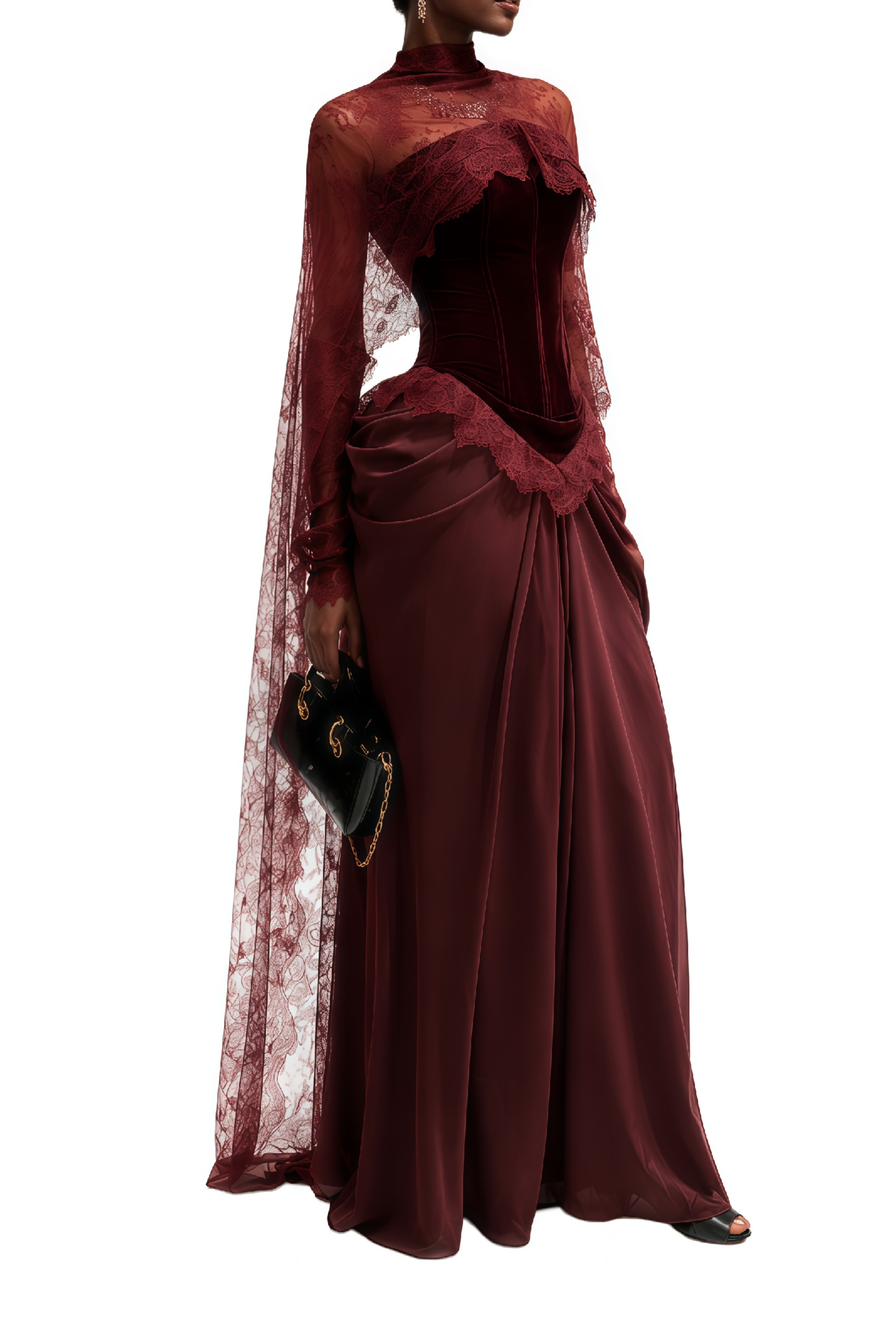 Hedy Burgundy Lace Cape & Ruched Dress Set
