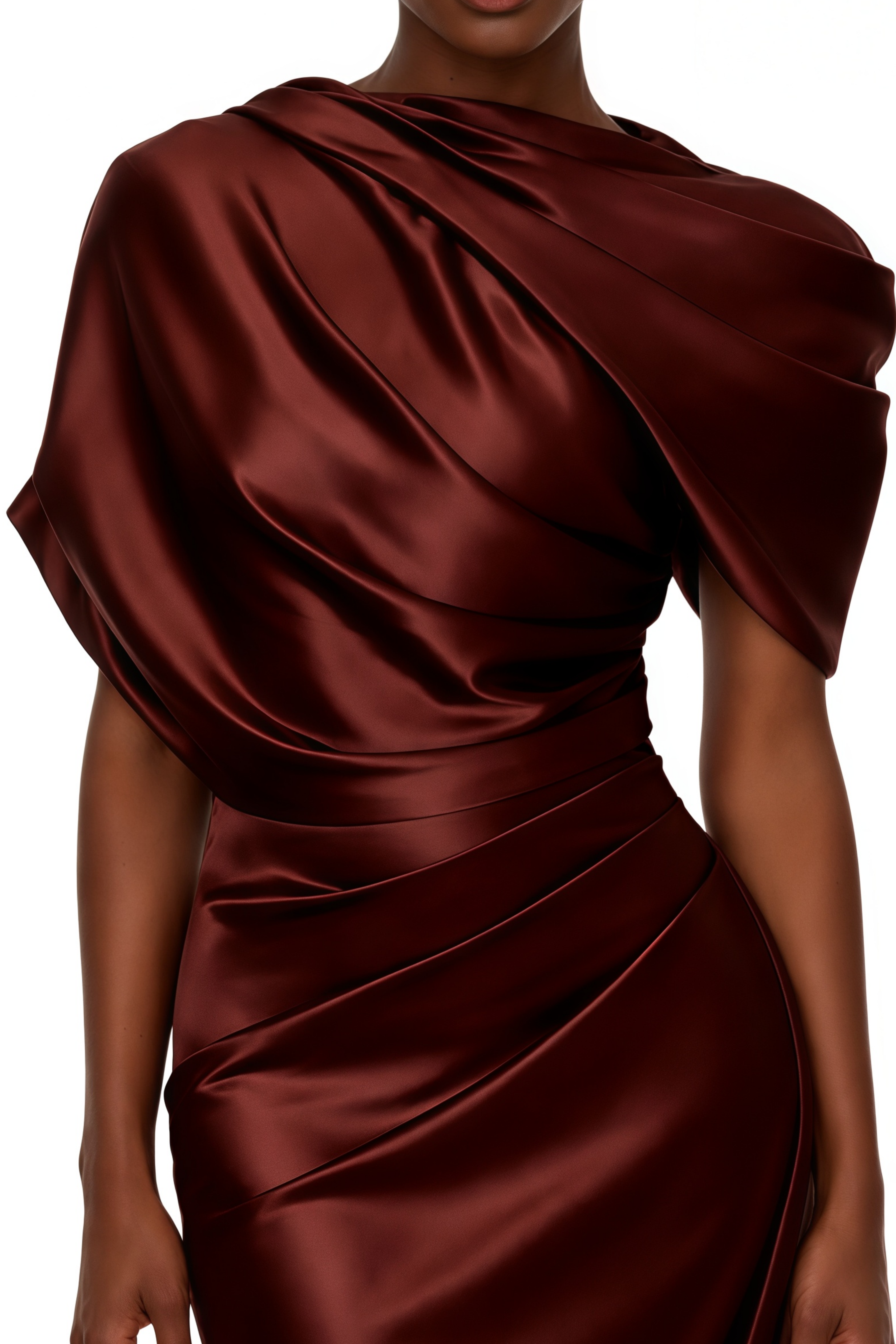 Maggie Brown Asymmetrical Gathered Satin Maxi Dress