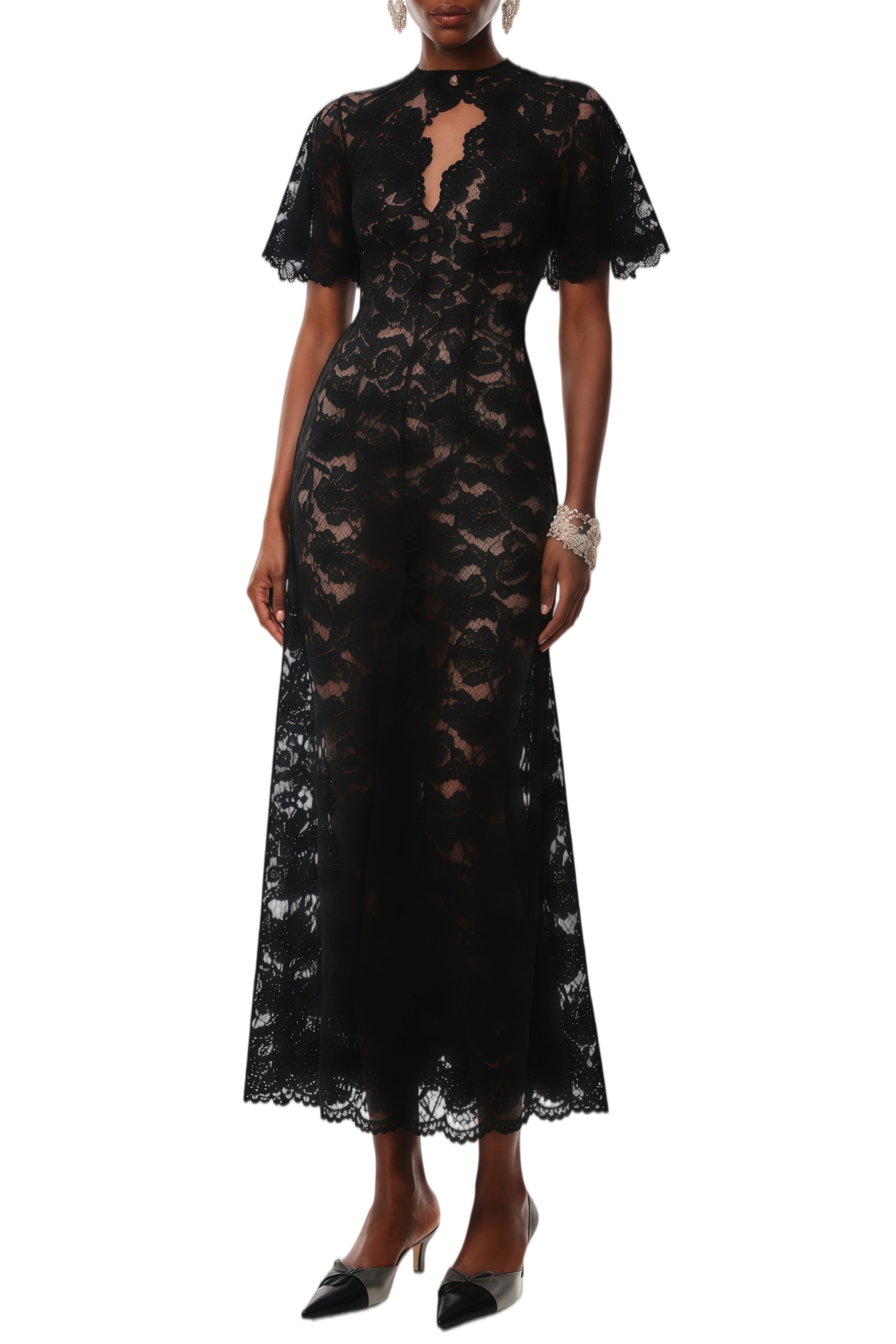 Claire Black Cape Design Floral Lace Midi Dress