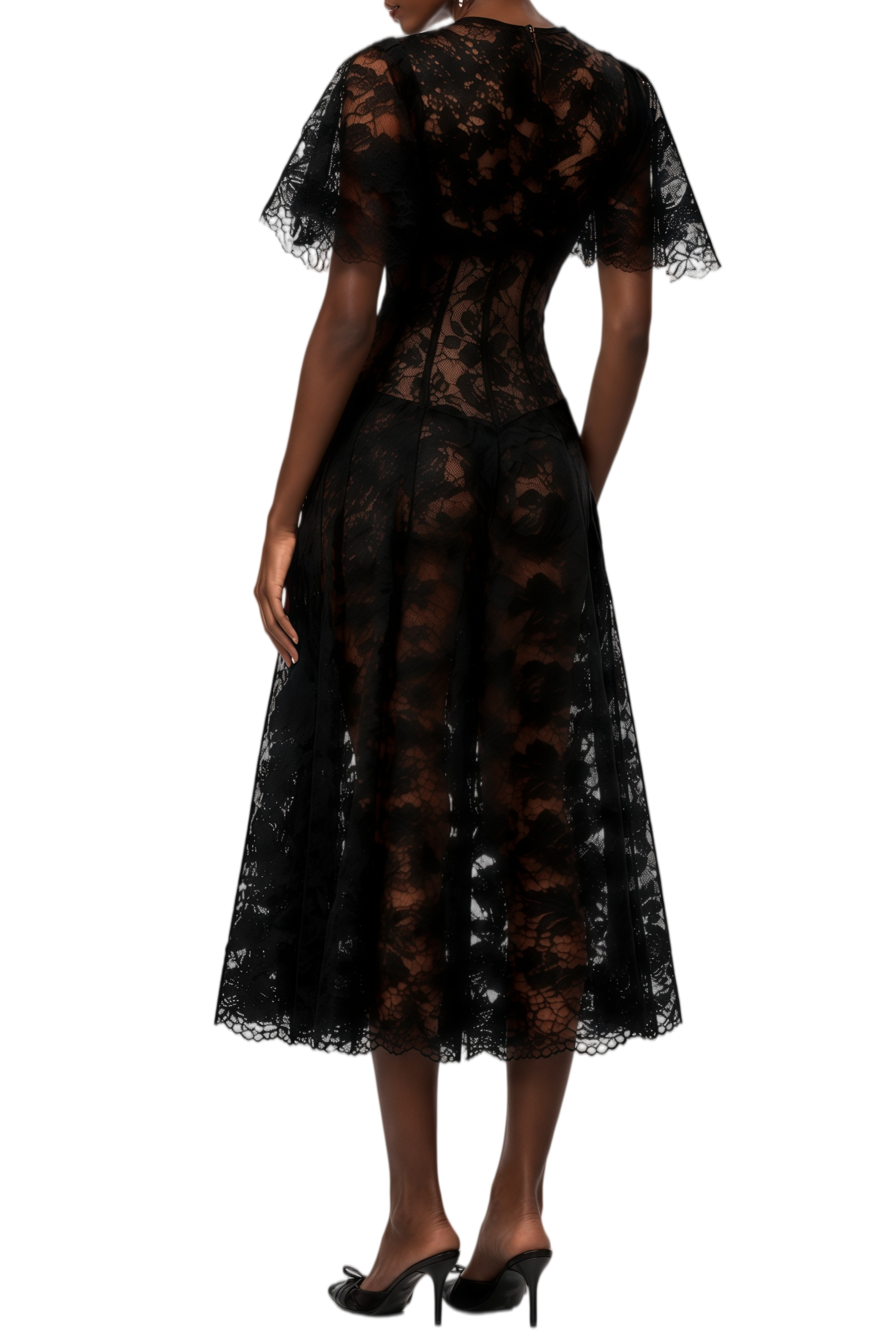Claire Black Cape Design Floral Lace Midi Dress