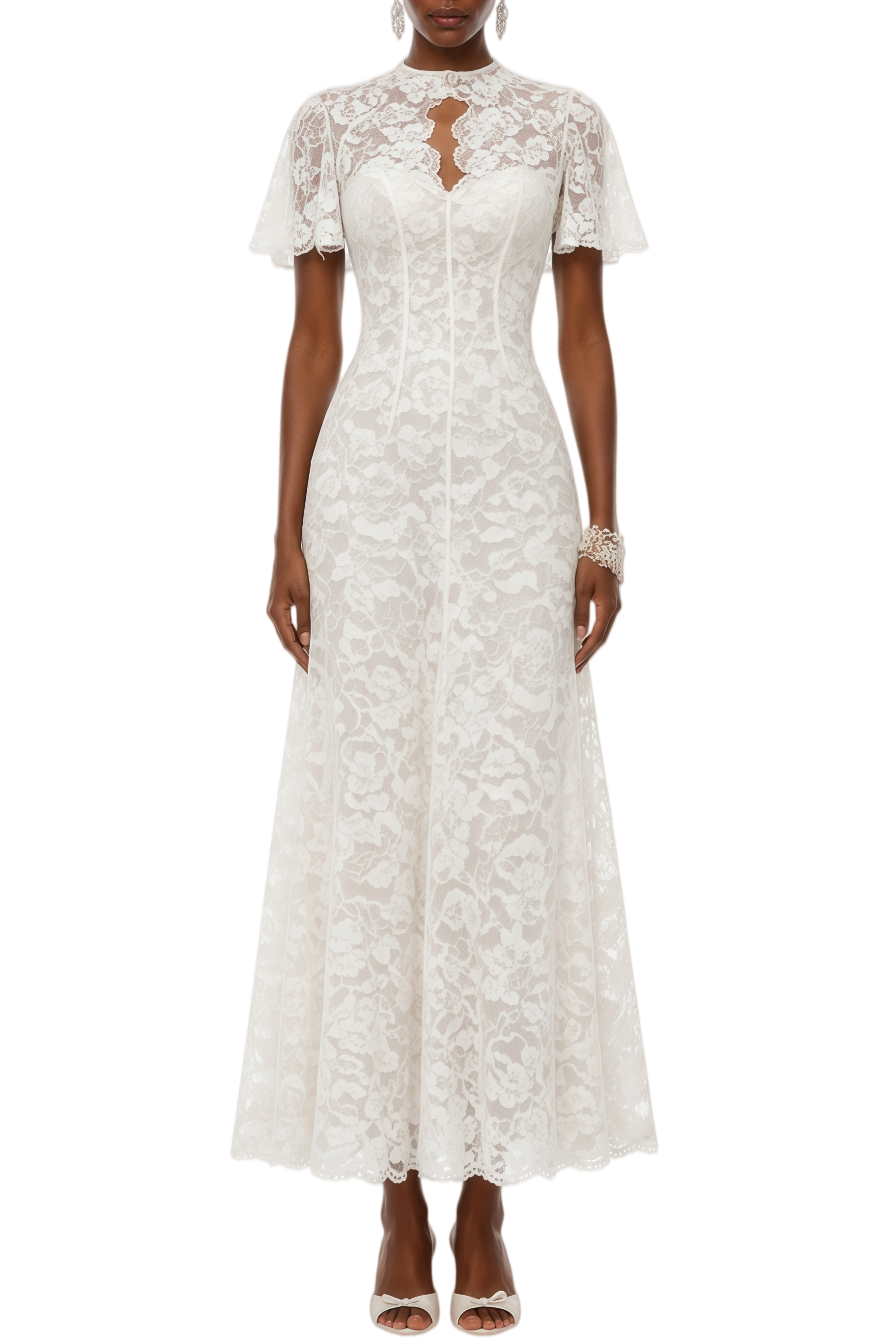 Claire White Cape Design Floral Lace Midi Dress