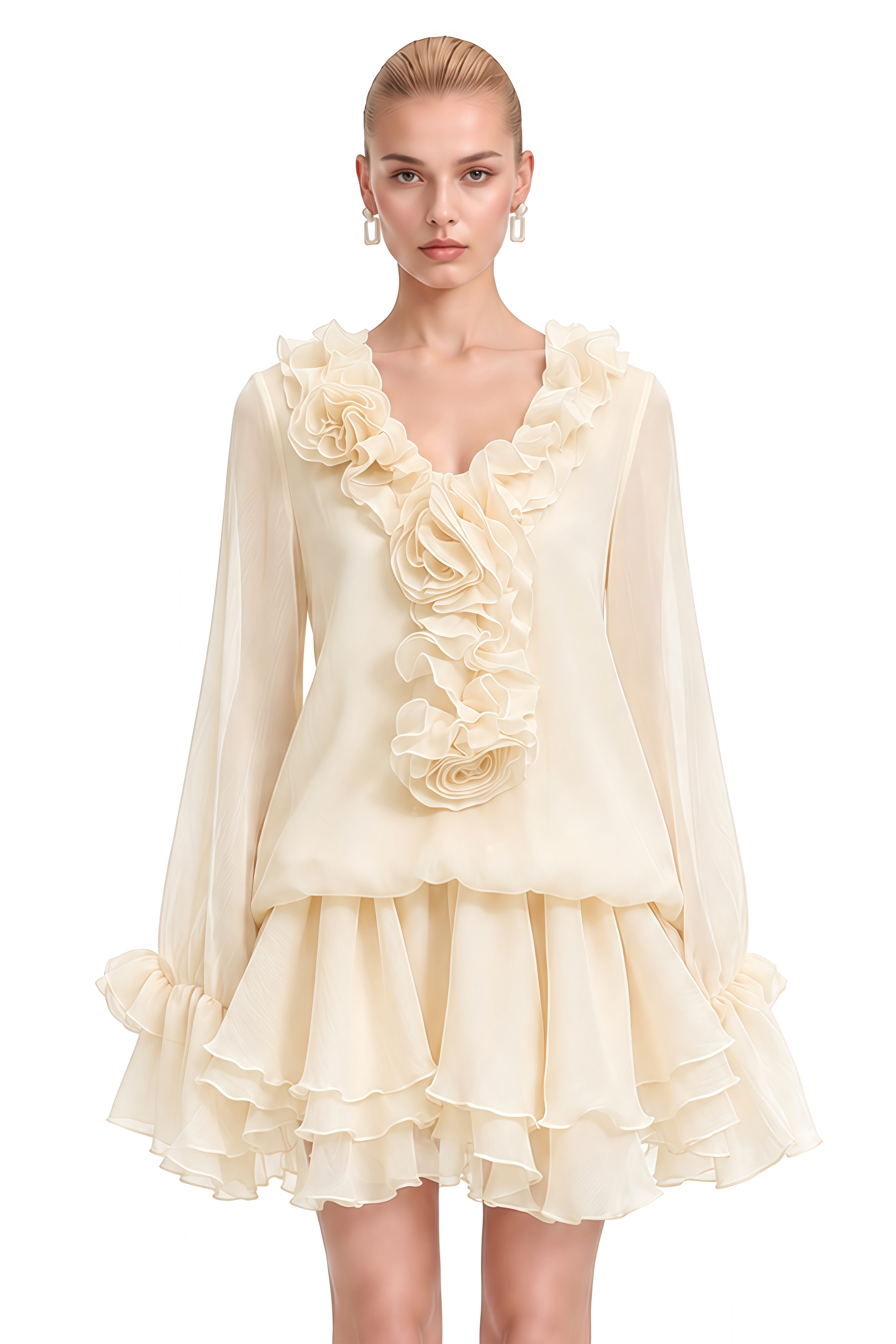 Clover Neutral 3D Floral Ruffled Mini Dress