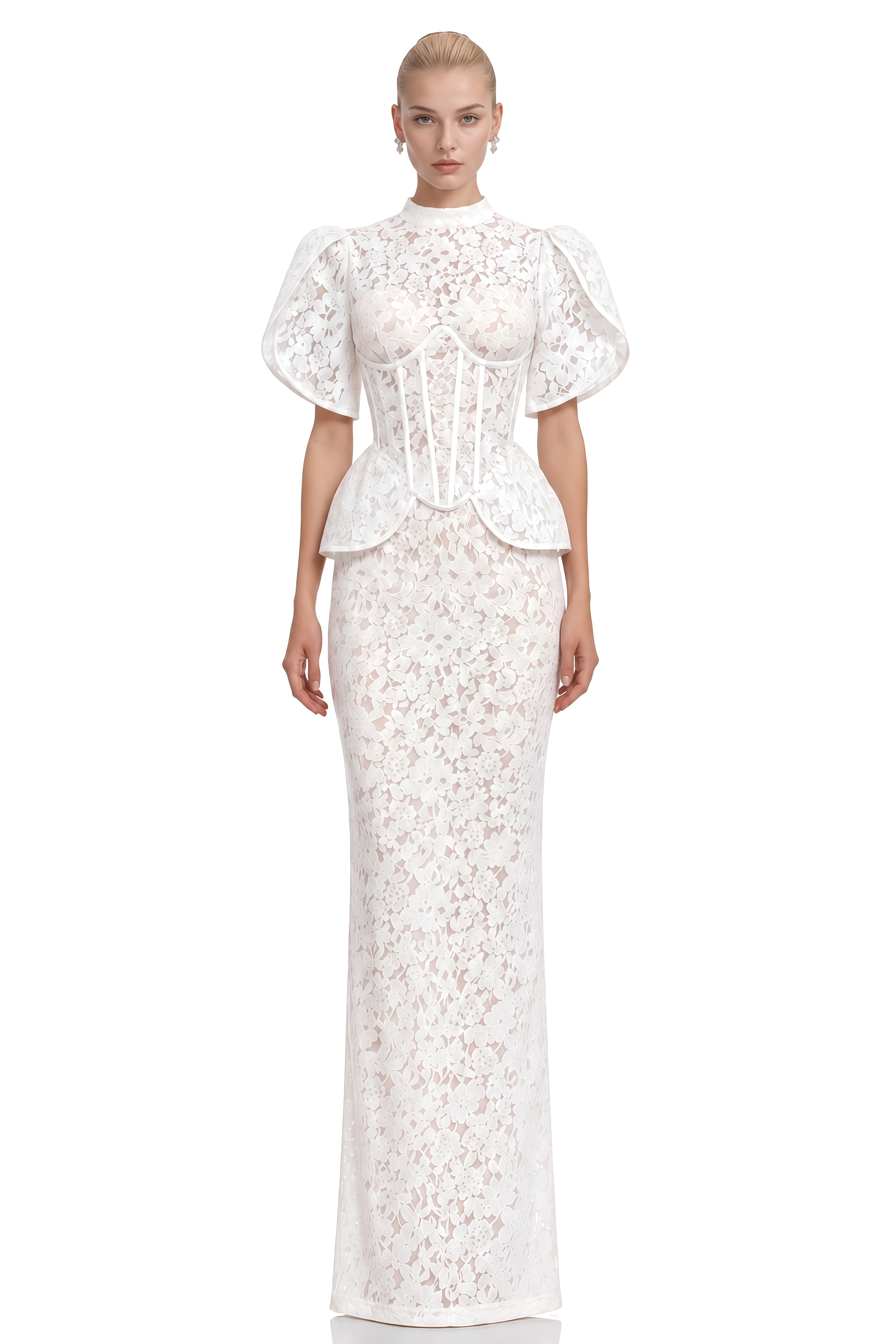 Daphne White Turtleneck Floral Lace Top & Skirt Set