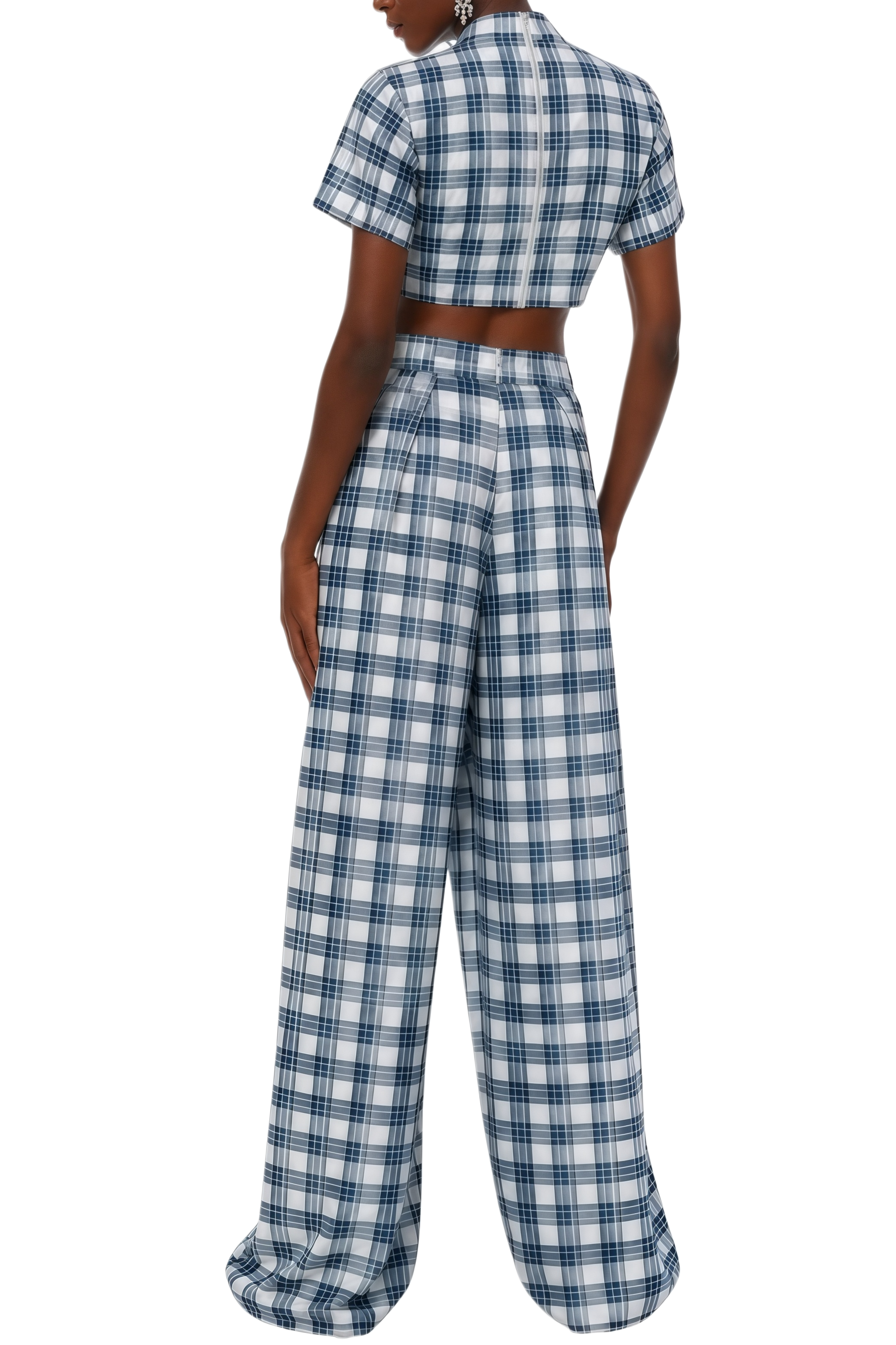 Deirdre Color Block Plaid Pattern Crop Top & Trousers Set