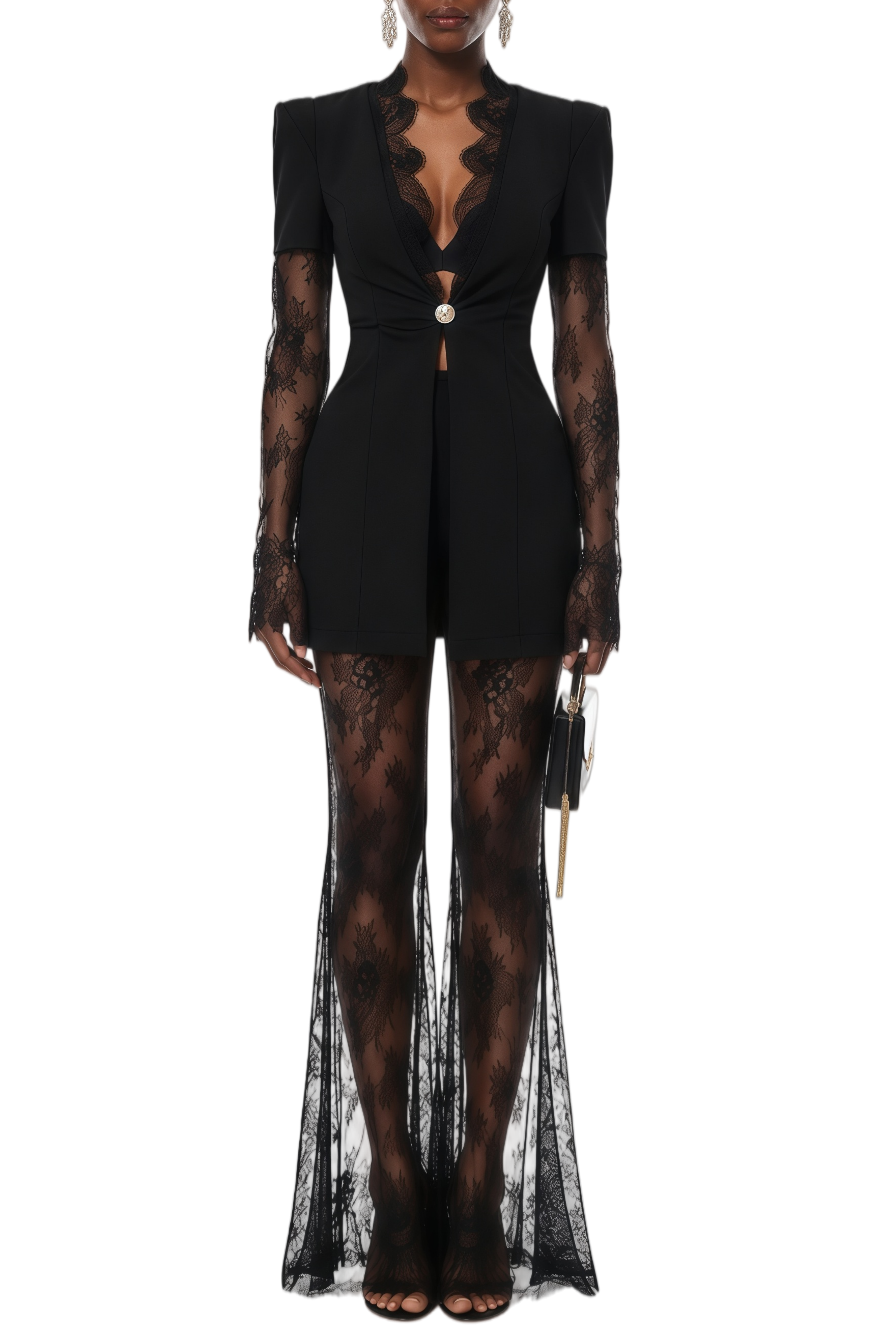 Delia Black Floral Lace Panel Blazer & Trousers Set