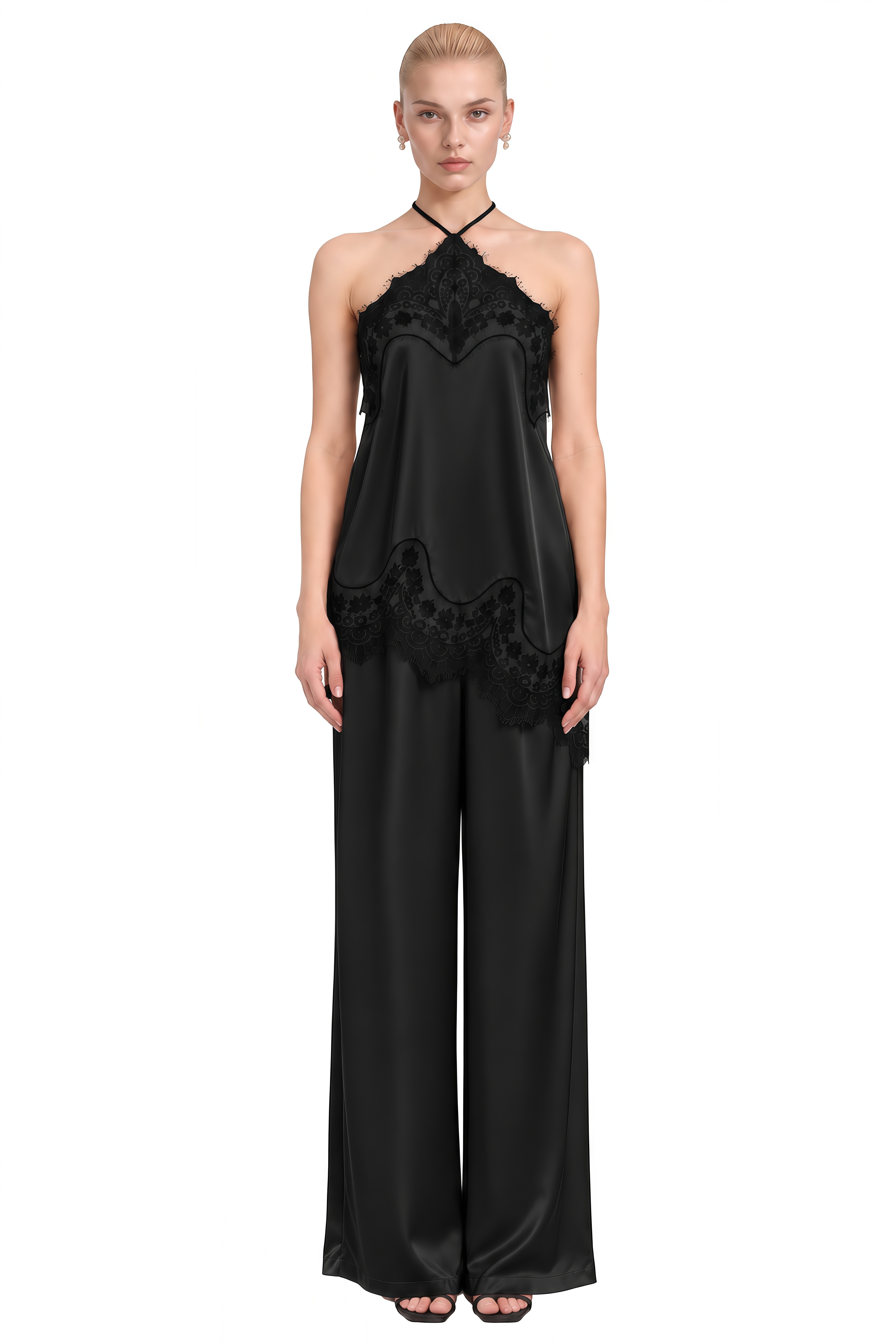 Diana Black Halterneck Asymmetrical Top & Trousers Set