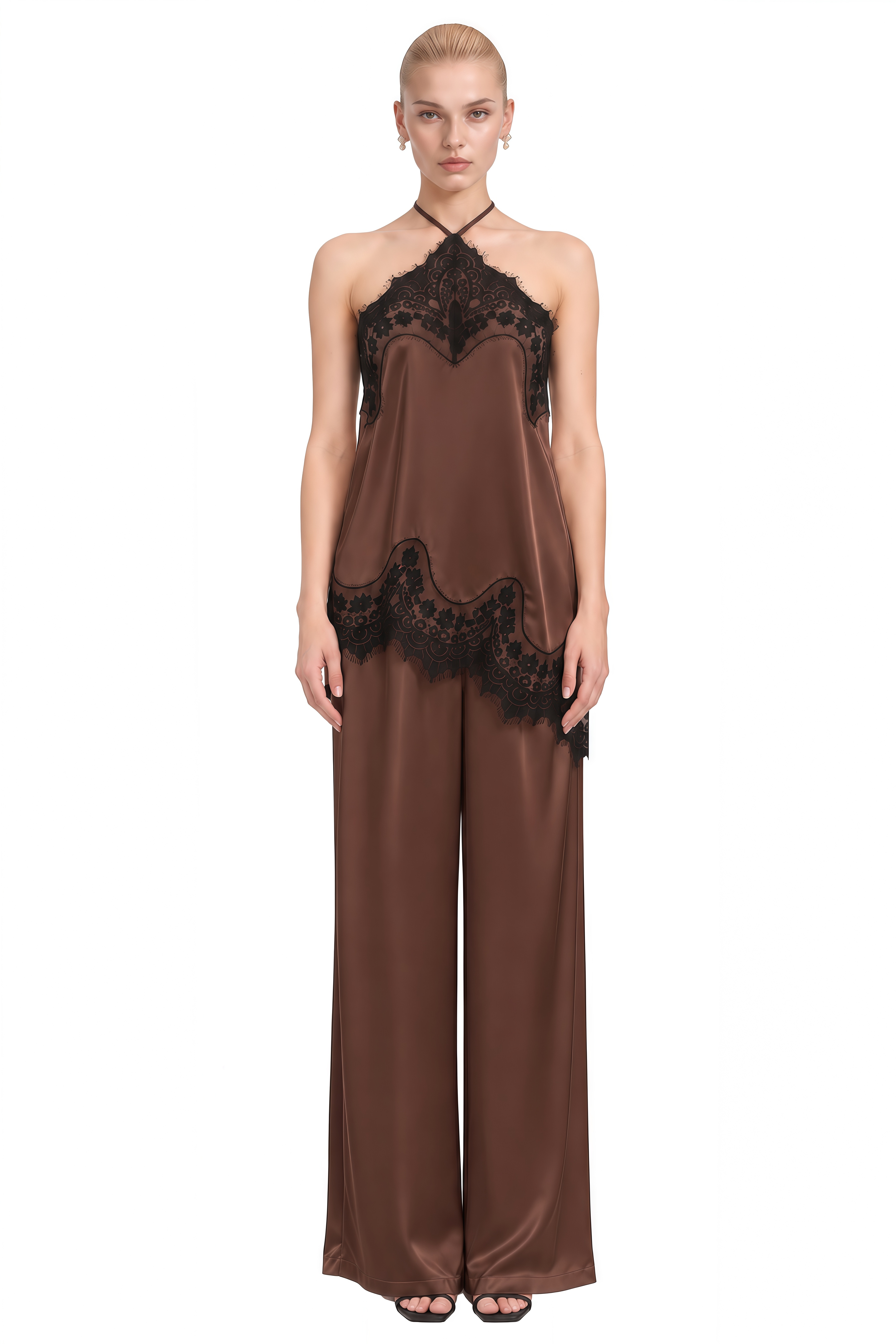 Diana Brown Halterneck Asymmetrical Top & Trousers Set